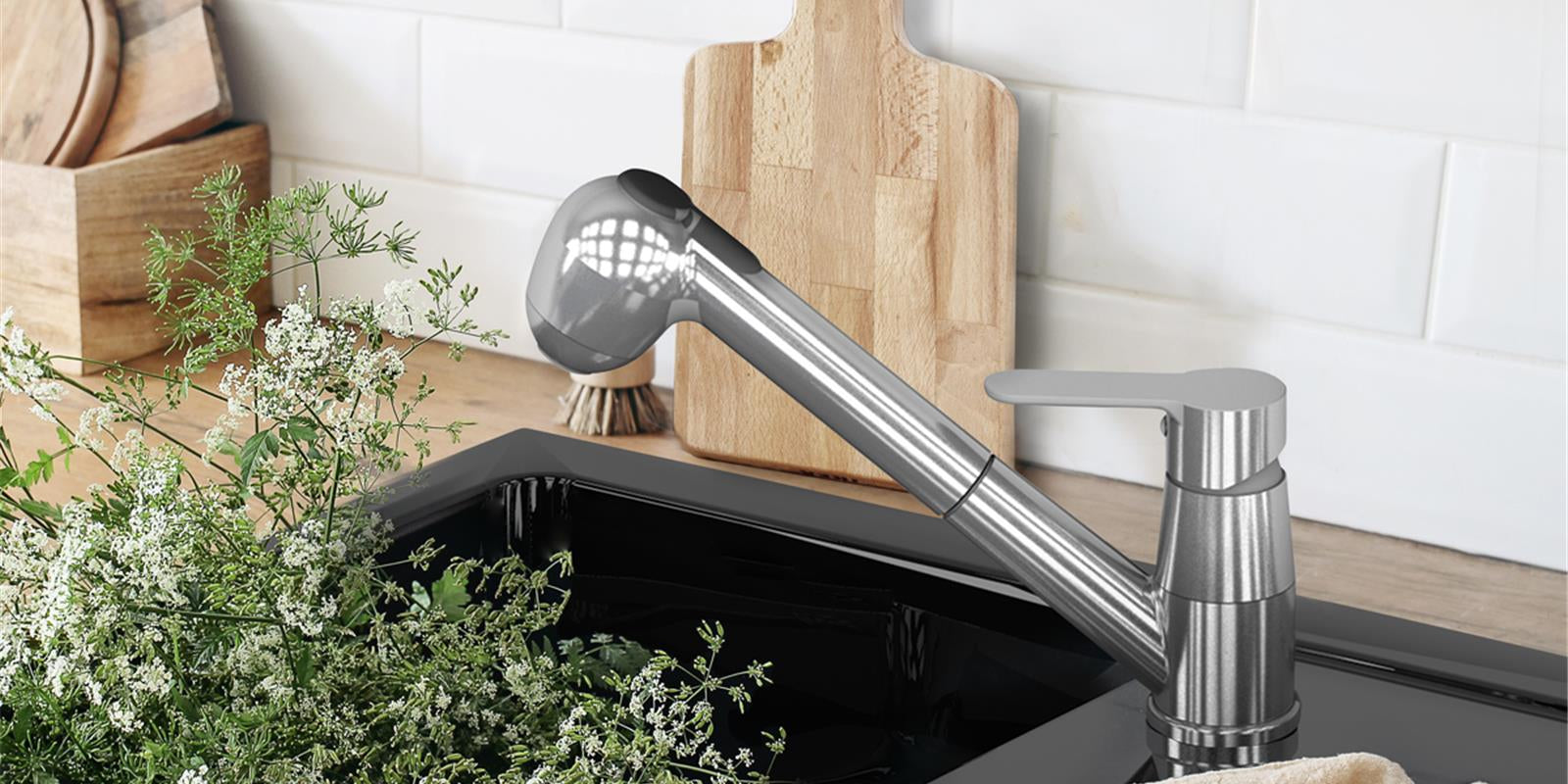 Cuisine équipée d'un Evier céramique noir mat EWI VICTOIRE 1 bac 1 égouttoir