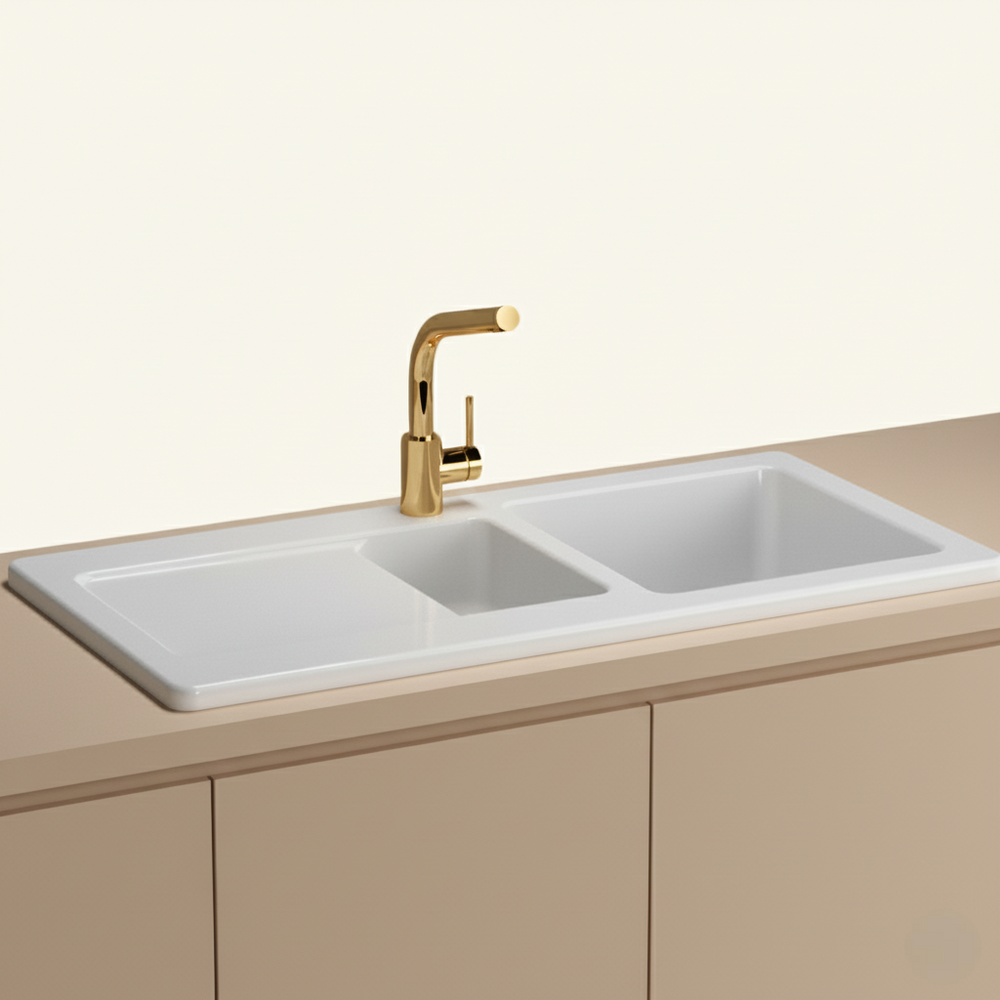 Évier céramique blanc VitrA ARKITEKT 1 bac et demi - 1 égouttoir