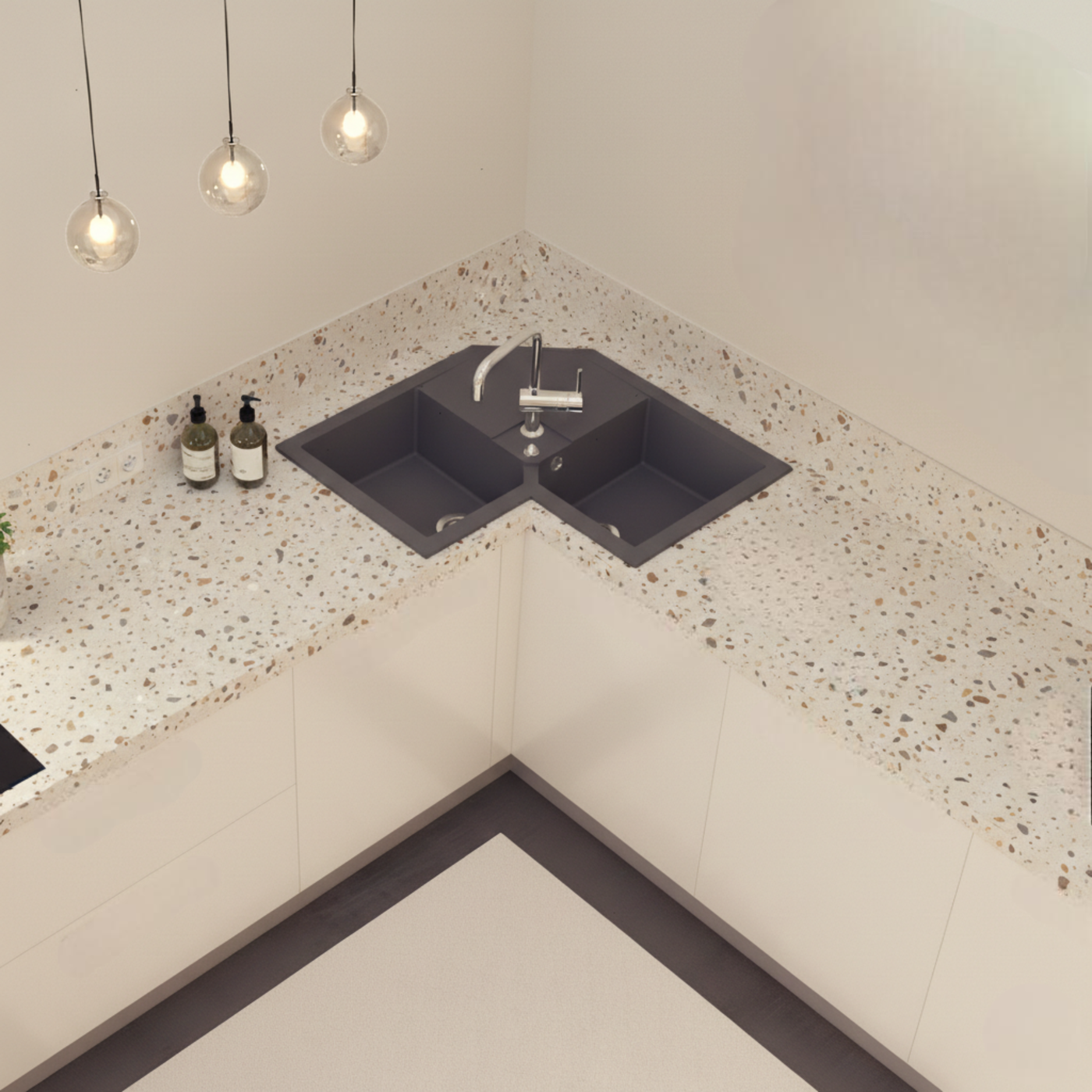 Évier d'angle granit gris Kümbad VOZ 2 bacs