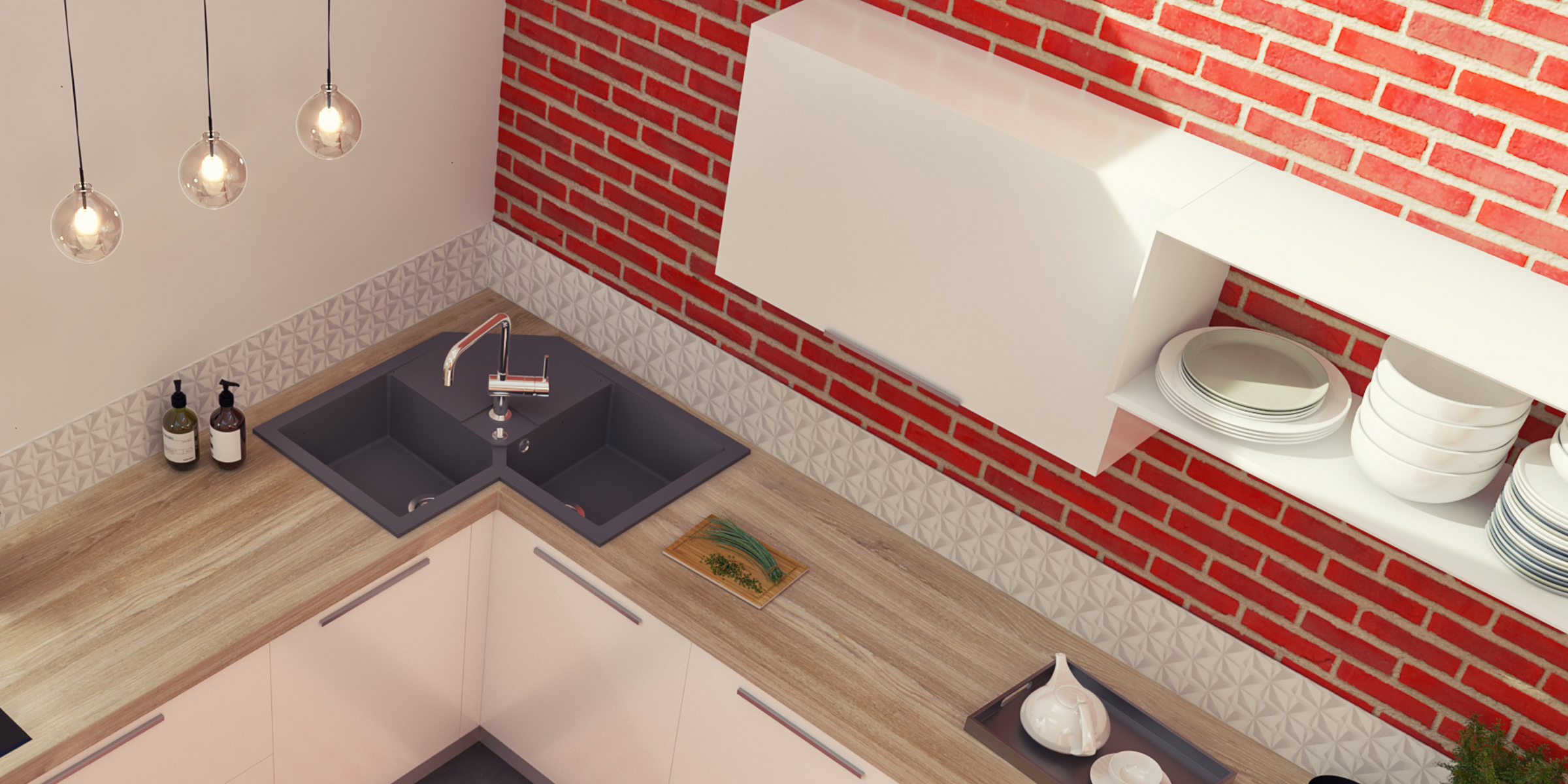 En granit gris, l’évier VOZ d’angle à 2 bacs est idéal pour une cuisine moderne et ergonomique.