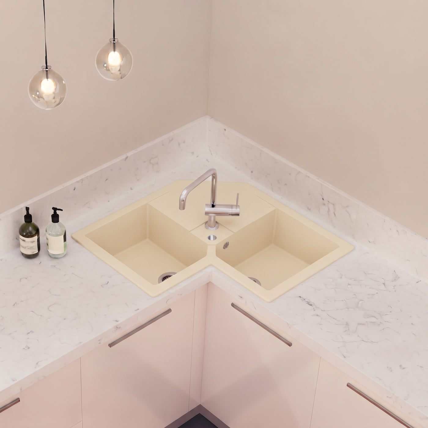 Evier d'angle granit beige Kümbad VOZ 2 bacs