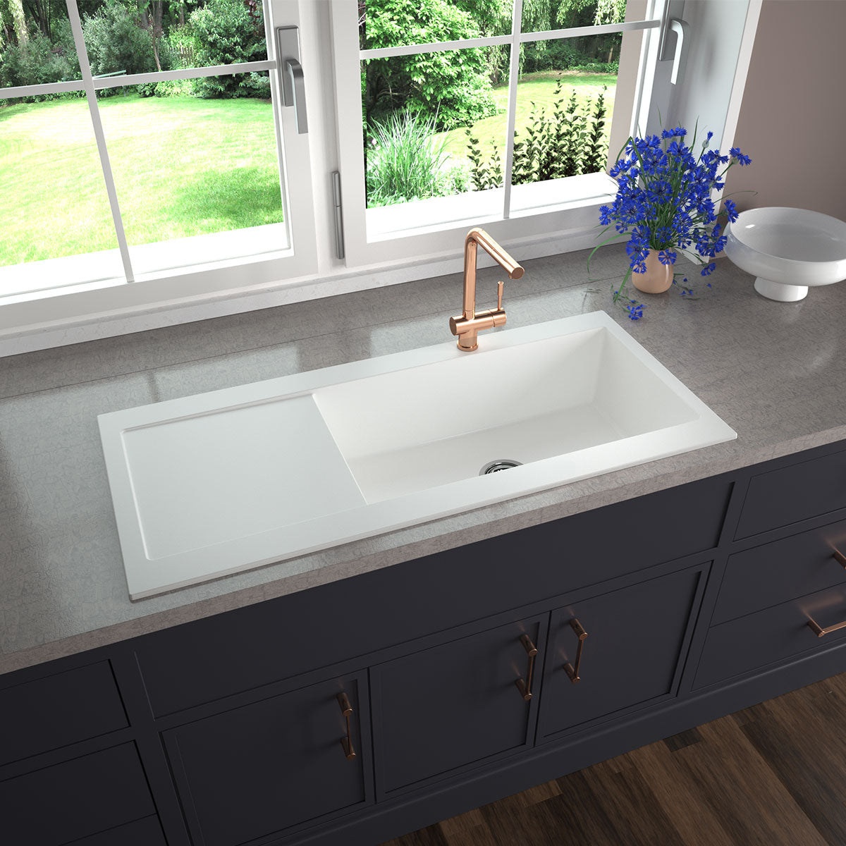 Évier granit blanc grisé Kümbad YUNA 1 très grand bac 1 égouttoir