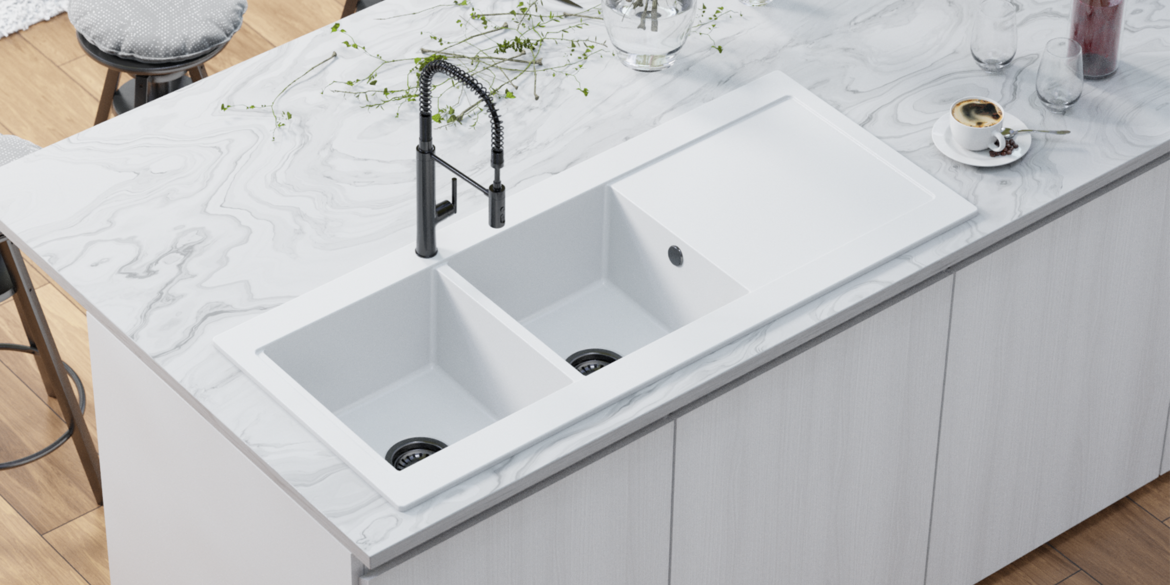 Design spacieux avec l’évier YUNA en granit blanc, doté de 2 bacs et d’un égouttoir pour un confort optimal.