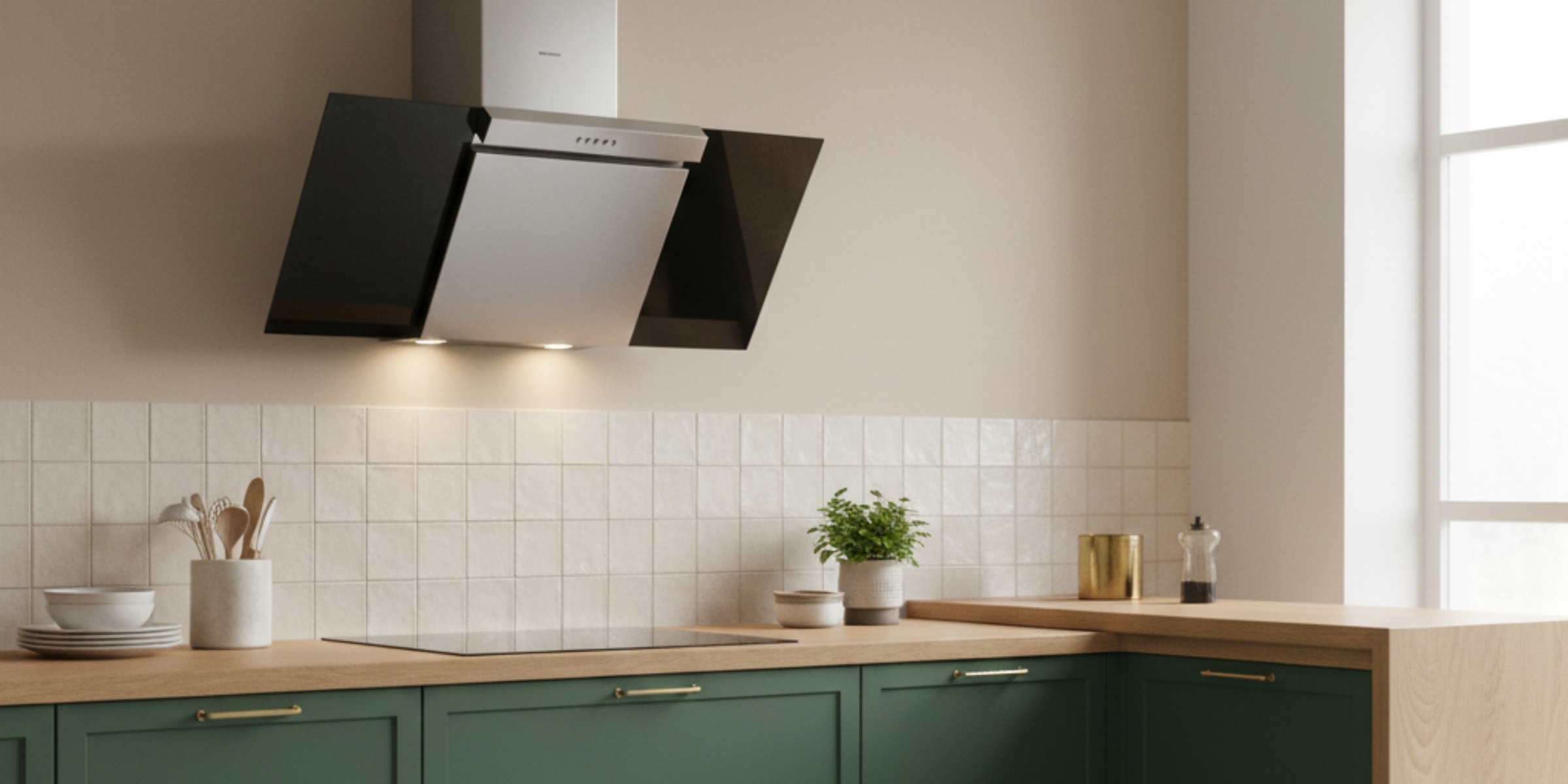 Hotte cuisine murale Silverline KIM inox et verre noir 90 cm, largeur confortable pour une extraction efficace.
