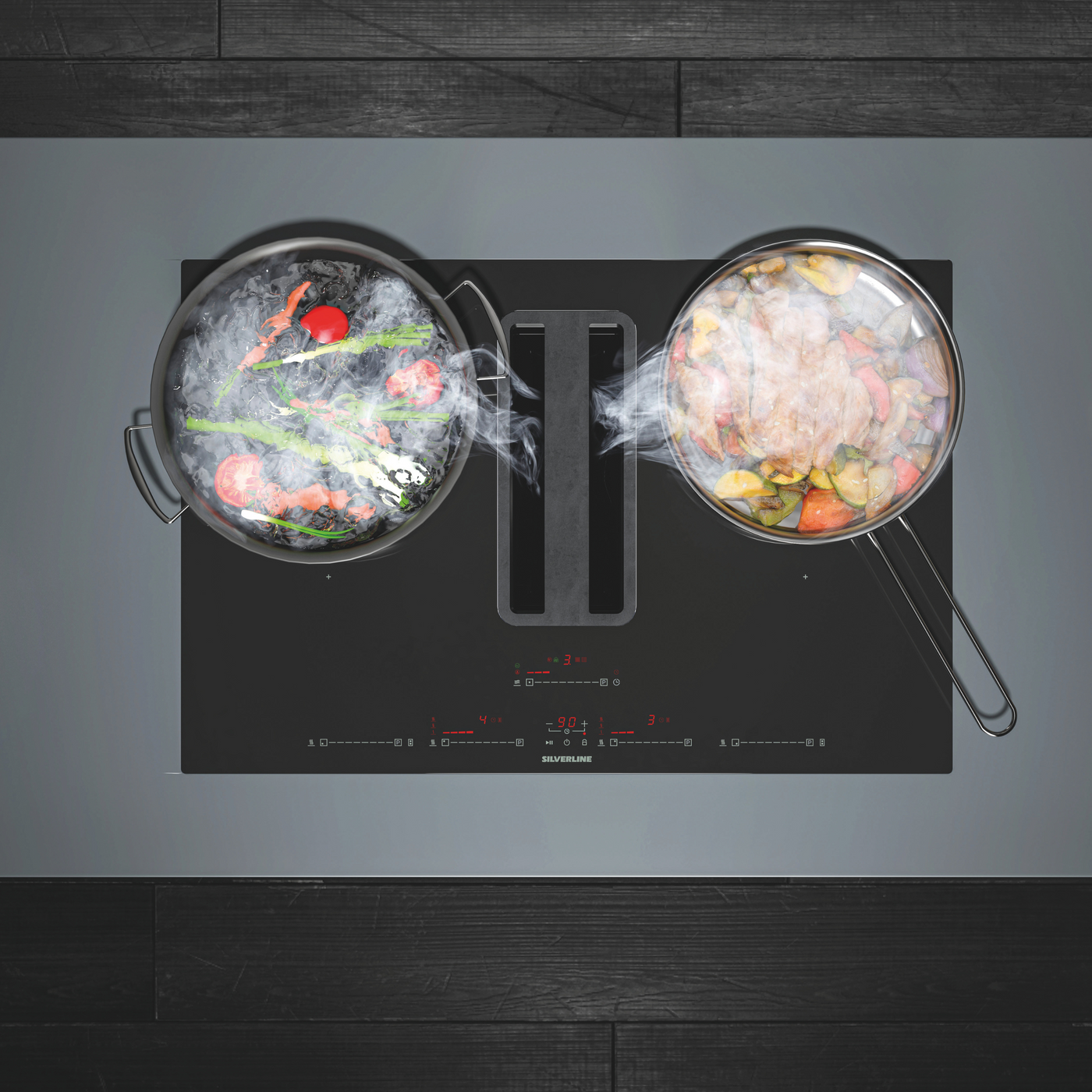 Plaque induction avec hotte intégrée Silverline FLOW MAX PRO 78cm noir et inox, design élégant pour cuisine moderne