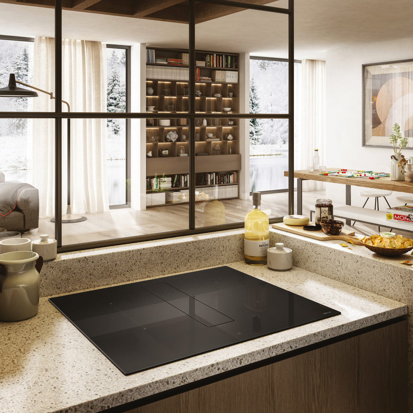Plaque induction avec hotte intégrée Elica NIKOLATESLA FIT 70cm - Évacuation dans une cuisine avec verrière
