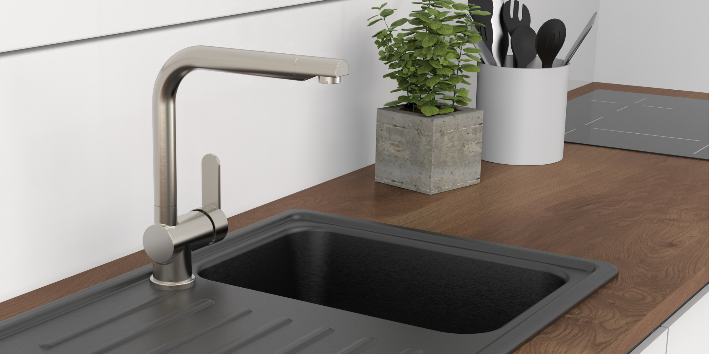Robinet cuisine Schütte RIO effet inox, avec bec haut pivotant et finition brossée pour un style industriel indémodable.