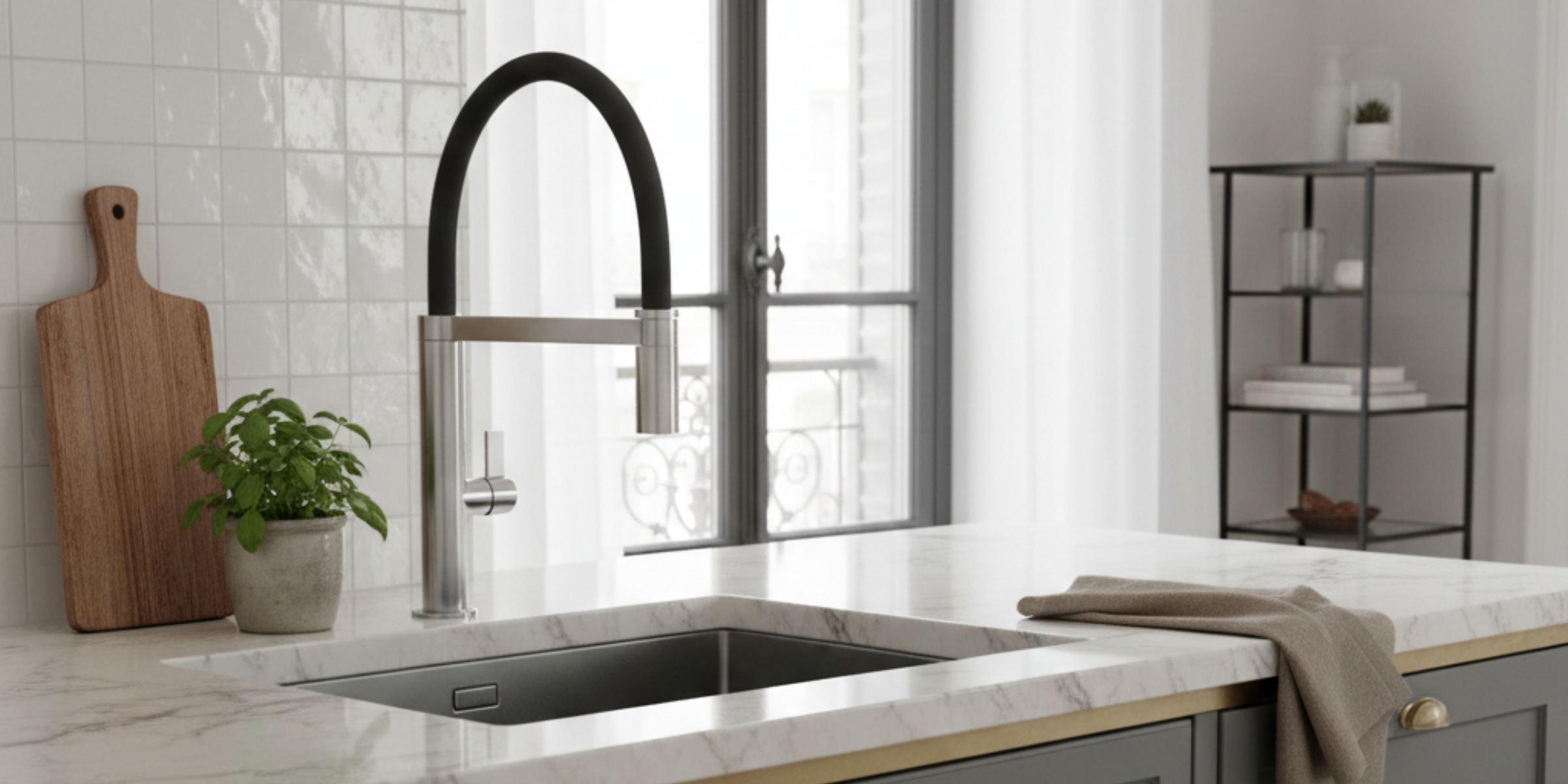 Robinet douchette Luisina inox massif MAHÉ, une silhouette élégante et une douchette pratique pour un évier fonctionnel.
