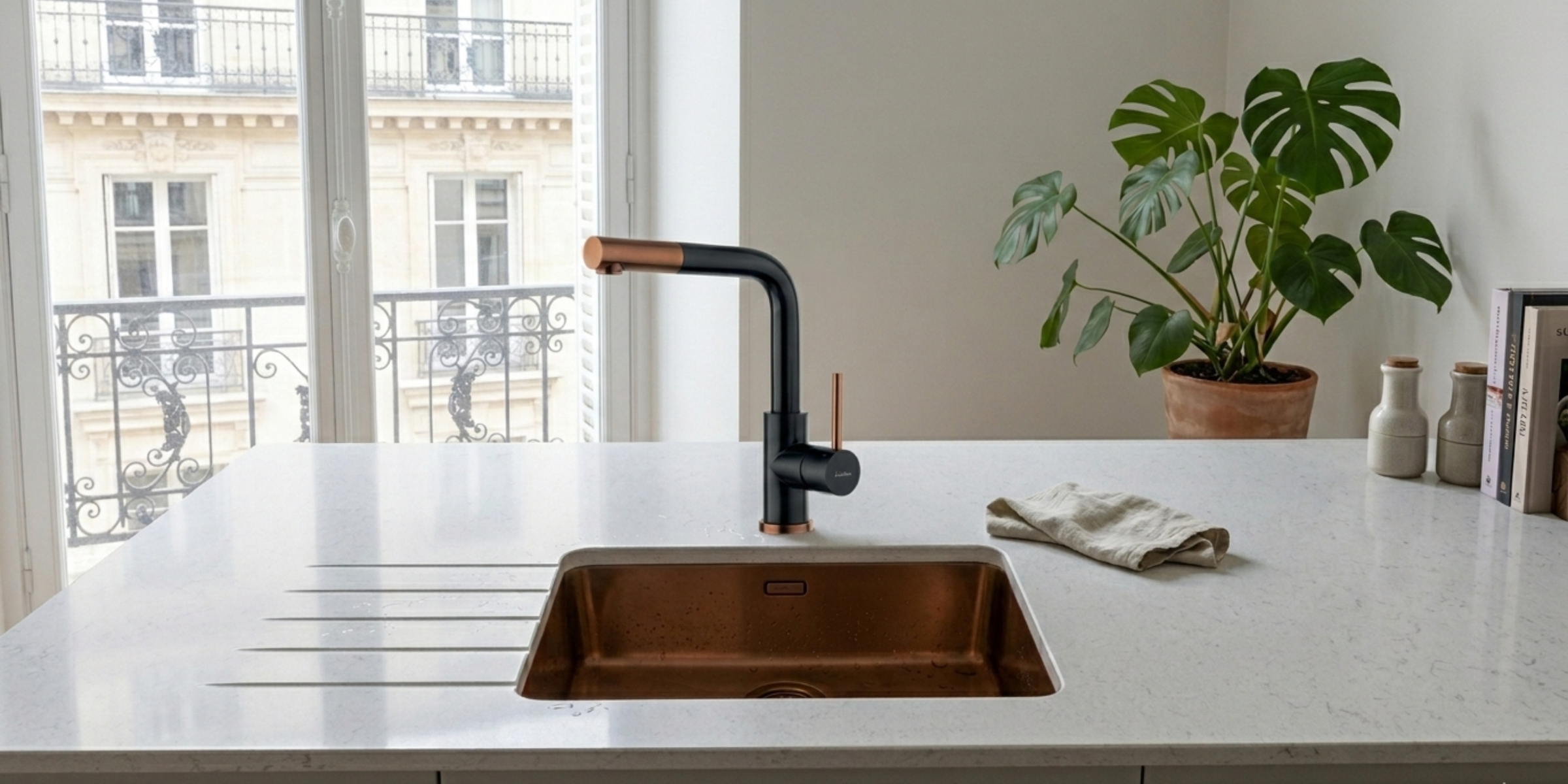 Robinet Douchette Luisina inox PVD noir et cuivre LENA, un mélange de couleurs luxe pour une cuisine de grand standing.