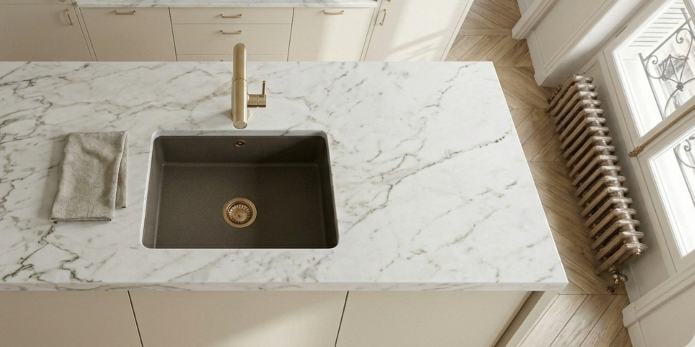 Robinet douchette Luisina inox PVD doré or clair ARCHIE, un mitigeur de luxe alliant éclat précieux et haute technologie.