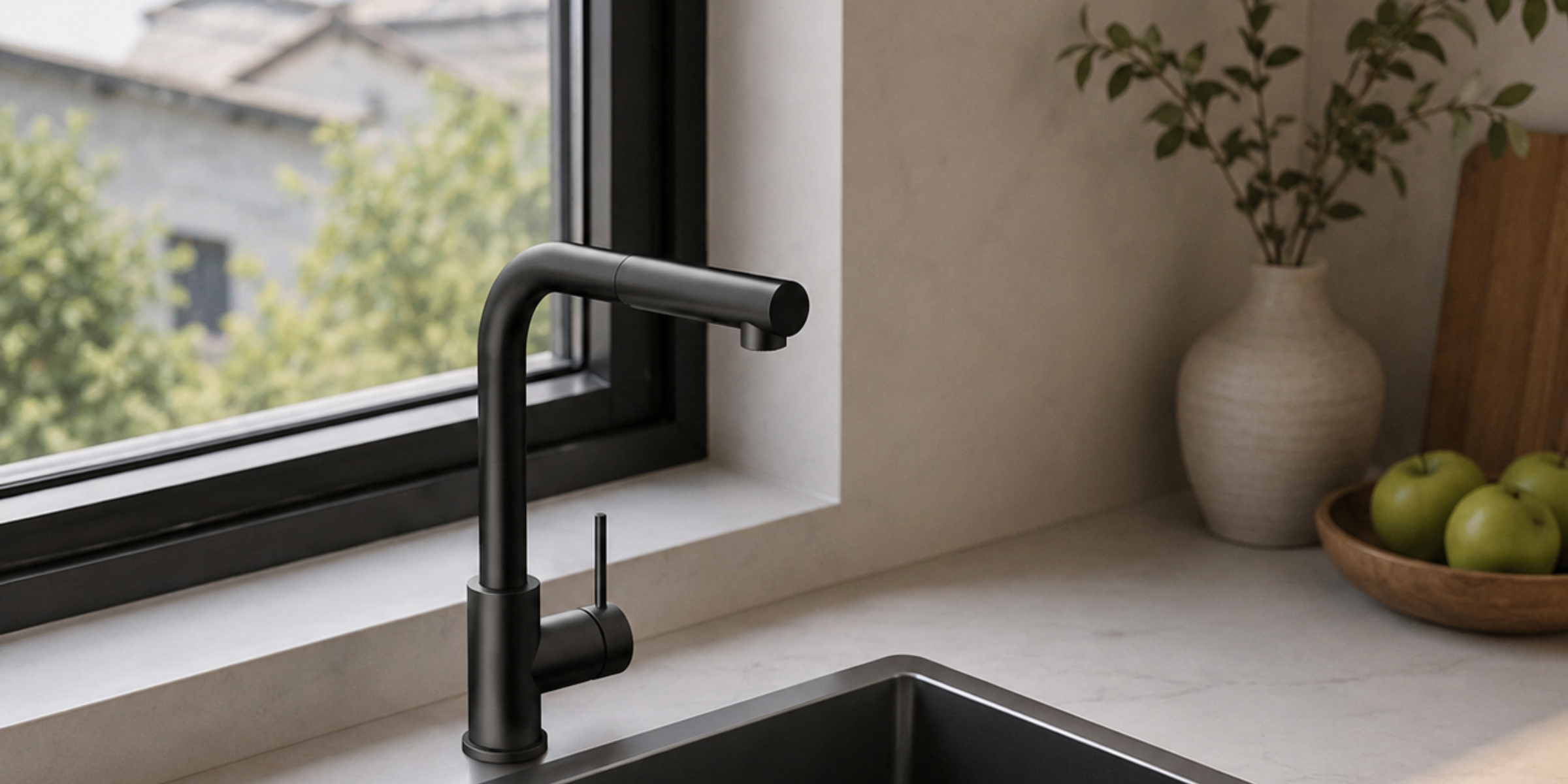 Robinet douchette inox noir métallisé MAYA, mitigeur d'évier au design industriel sombre et finition de haute qualité.