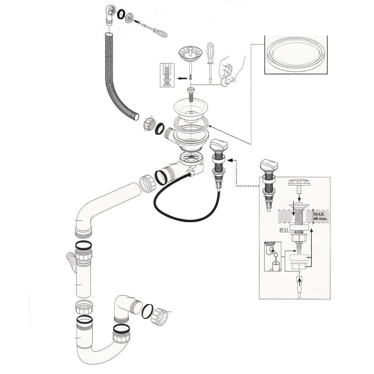 Vidage automatique gain de place 1 bac CUIPD013 pour évier granit - Siphon gain de place