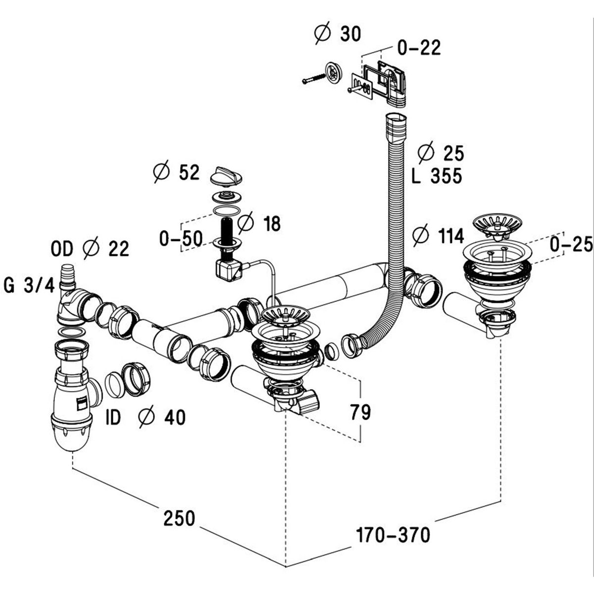 Vidage automatique 2 bacs CUIPD172 pour évier SystemCeram CLEYA - Siphon gain de place