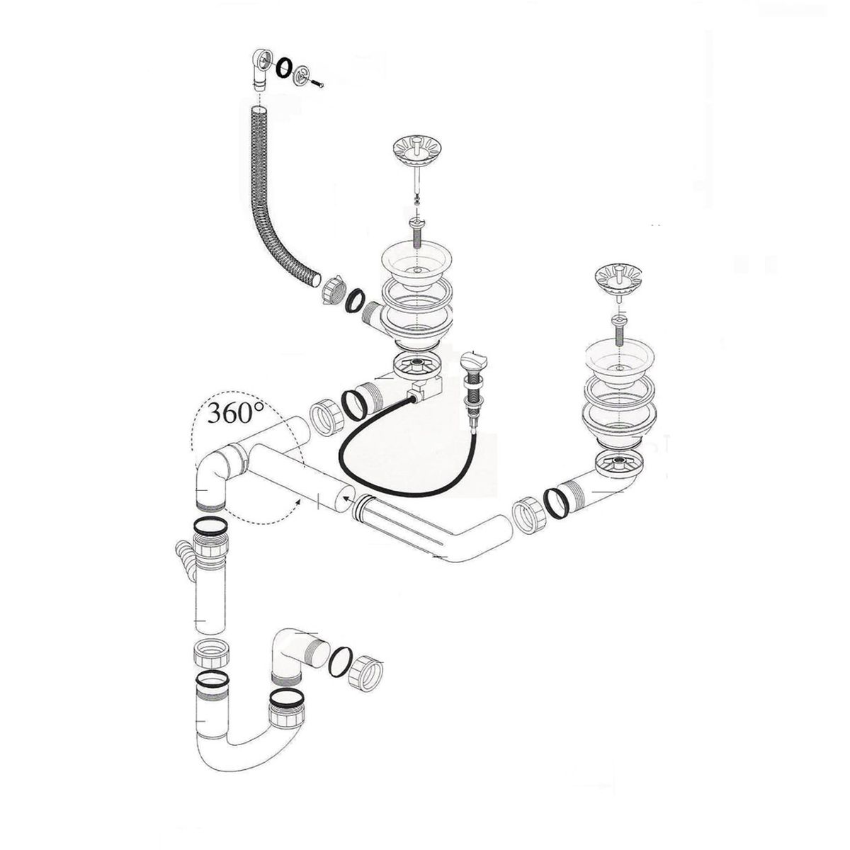 Vidage automatique gain de place CUIPD316 pour évier 2 bacs - Siphon gain de place