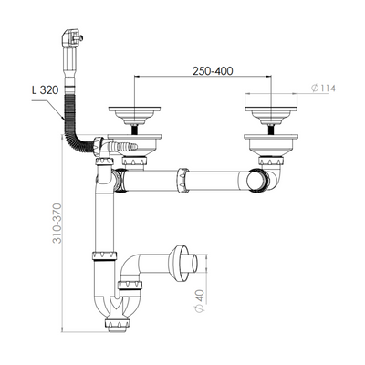 Vidage CUIPD663-A pour évier inox NINO 2 bacs 120 cm - Siphon gain de place