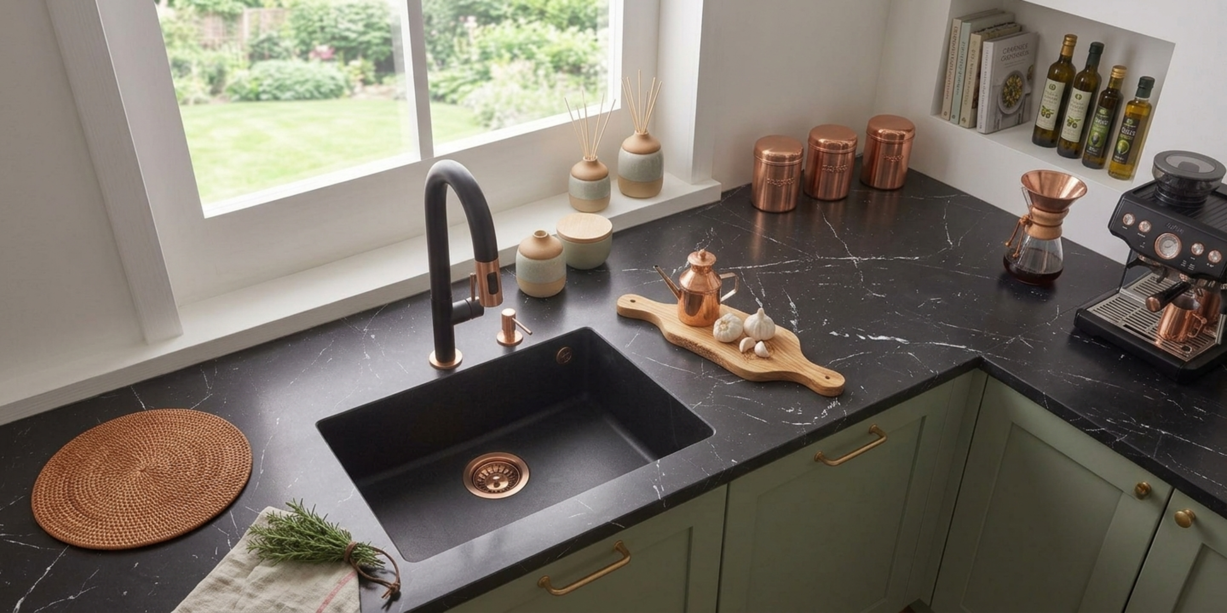 Kit bonde + trop plein en inox cuivre diam 90, accessoires aux reflets chauds apportant une note vintage chic au grand évier.