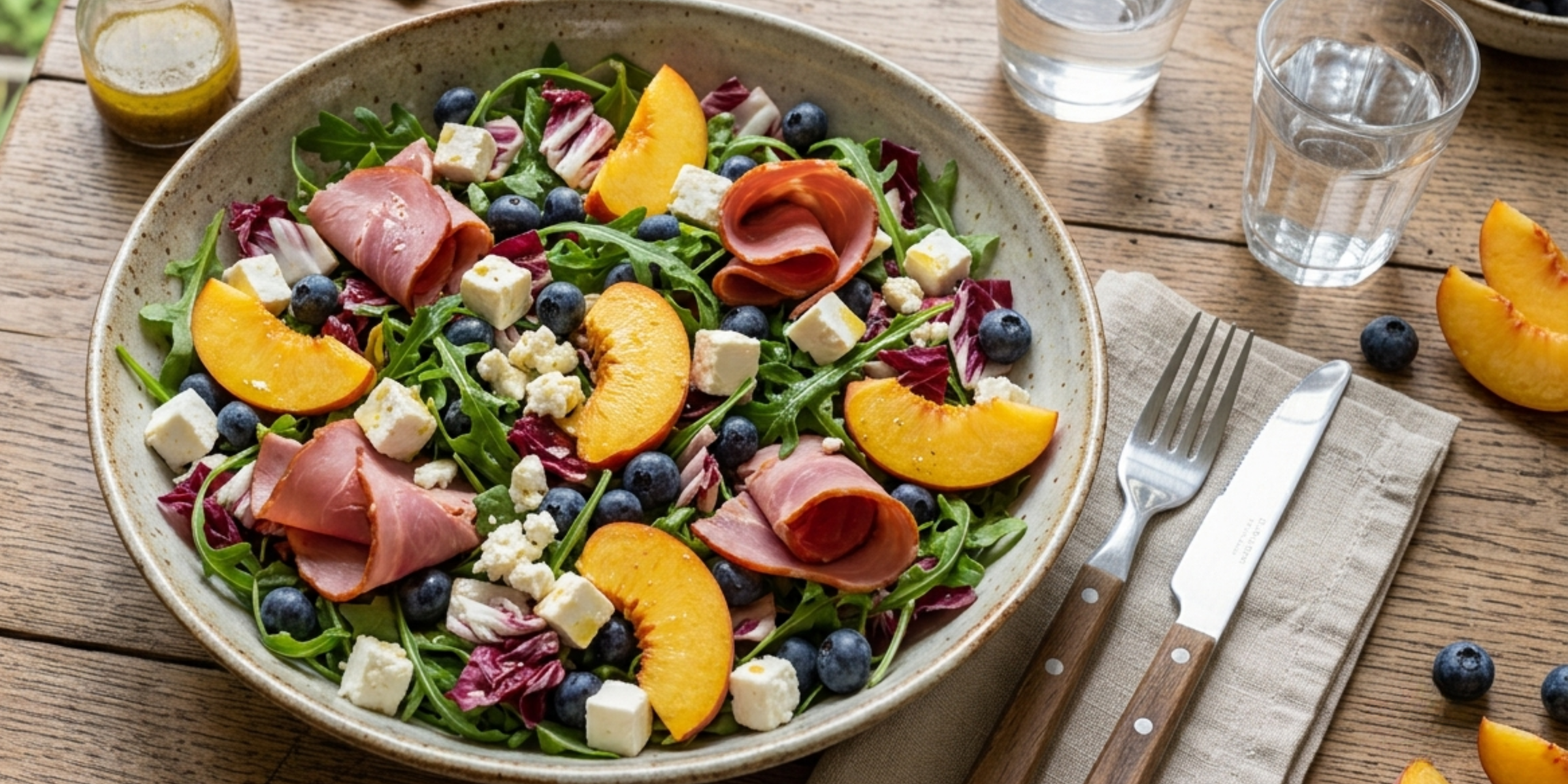 Salade roquette, pêches & myrtilles : l'art du sucré-salé parfait !