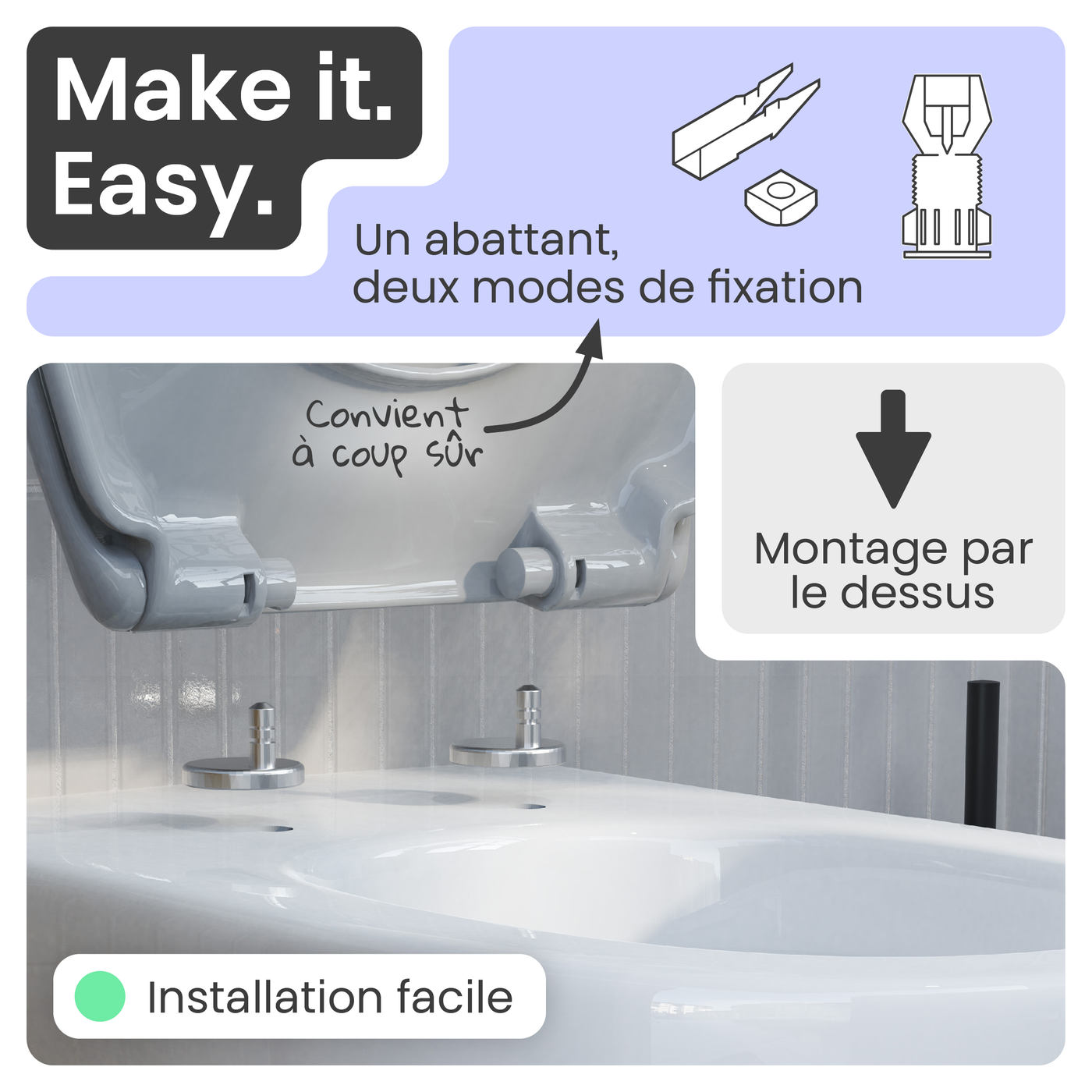 Abattant WC ovale en duroplast gris avec frein de chute ALMA