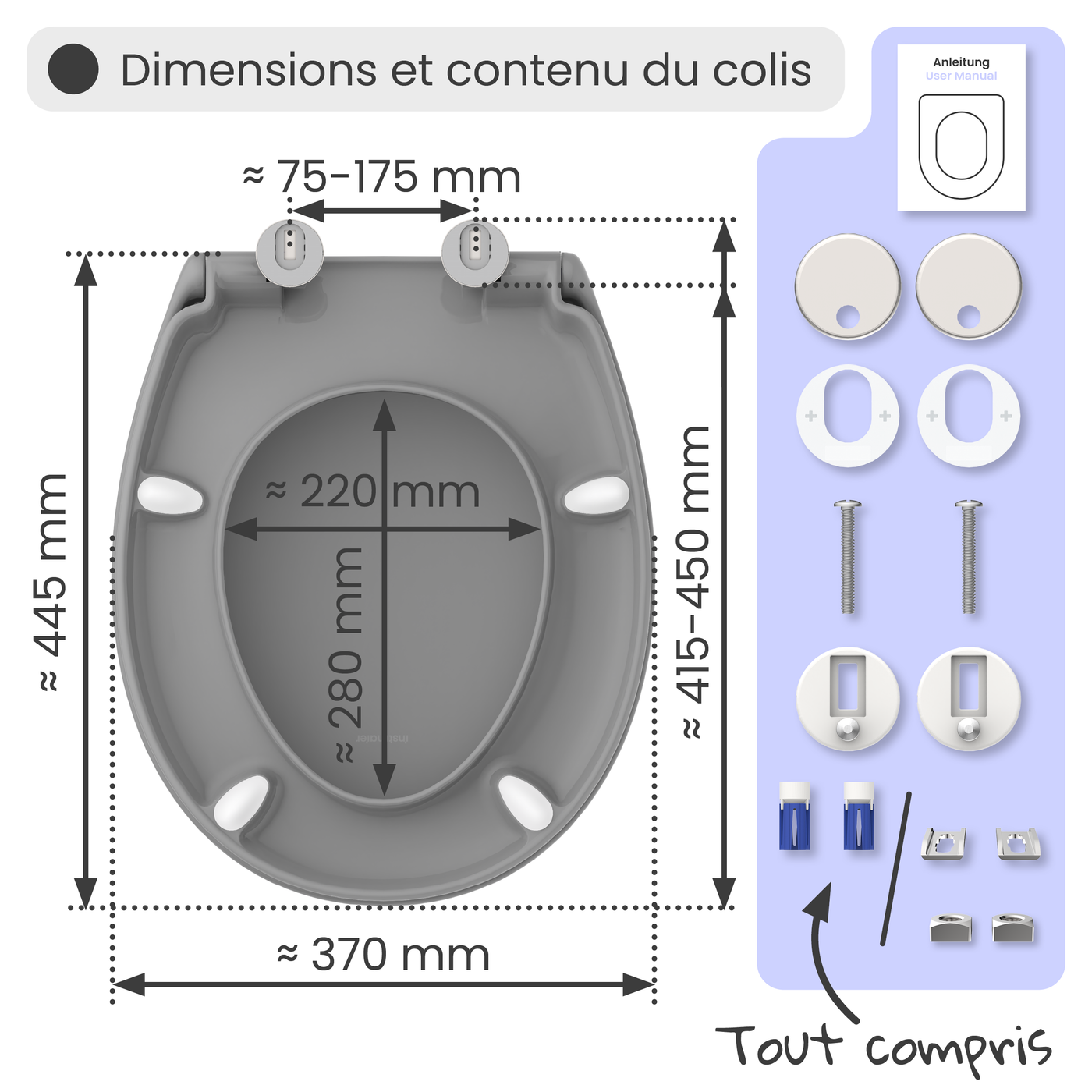 Abattant WC ovale en duroplast gris avec frein de chute ALMA