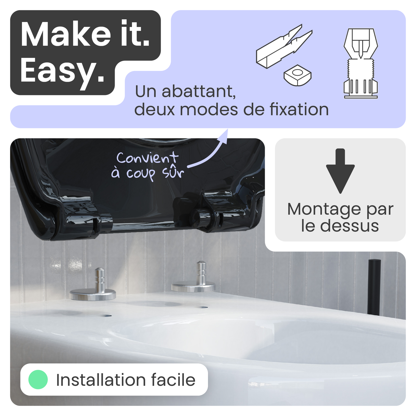 Abattant WC ovale en duroplast noir avec frein de chute ALMA