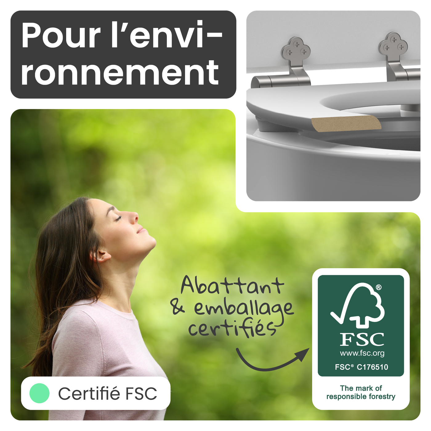 Abattant WC ovale en MDF blanc avec frein de chute GAIA