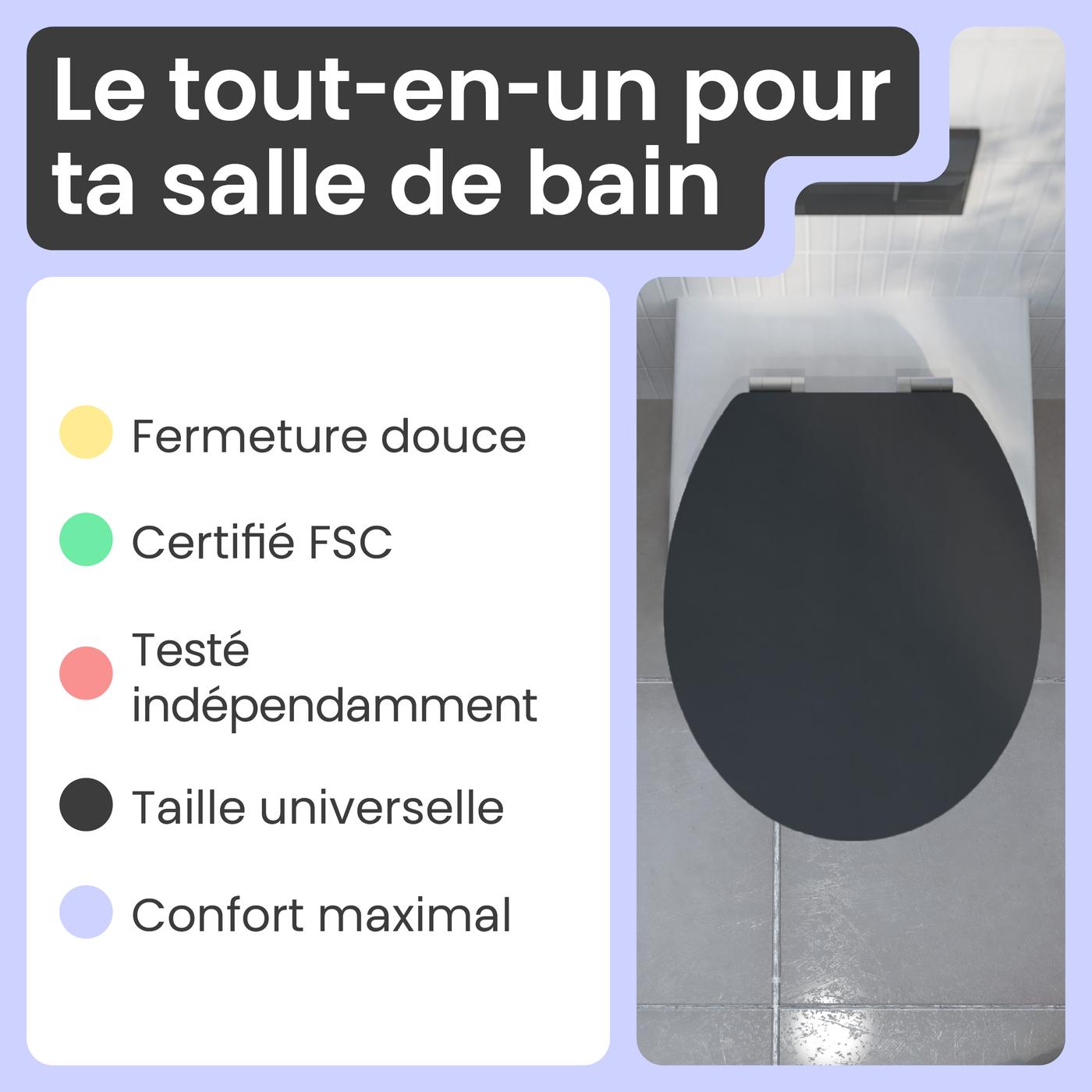 Abattant WC ovale en MDF noir avec frein de chute GAIA