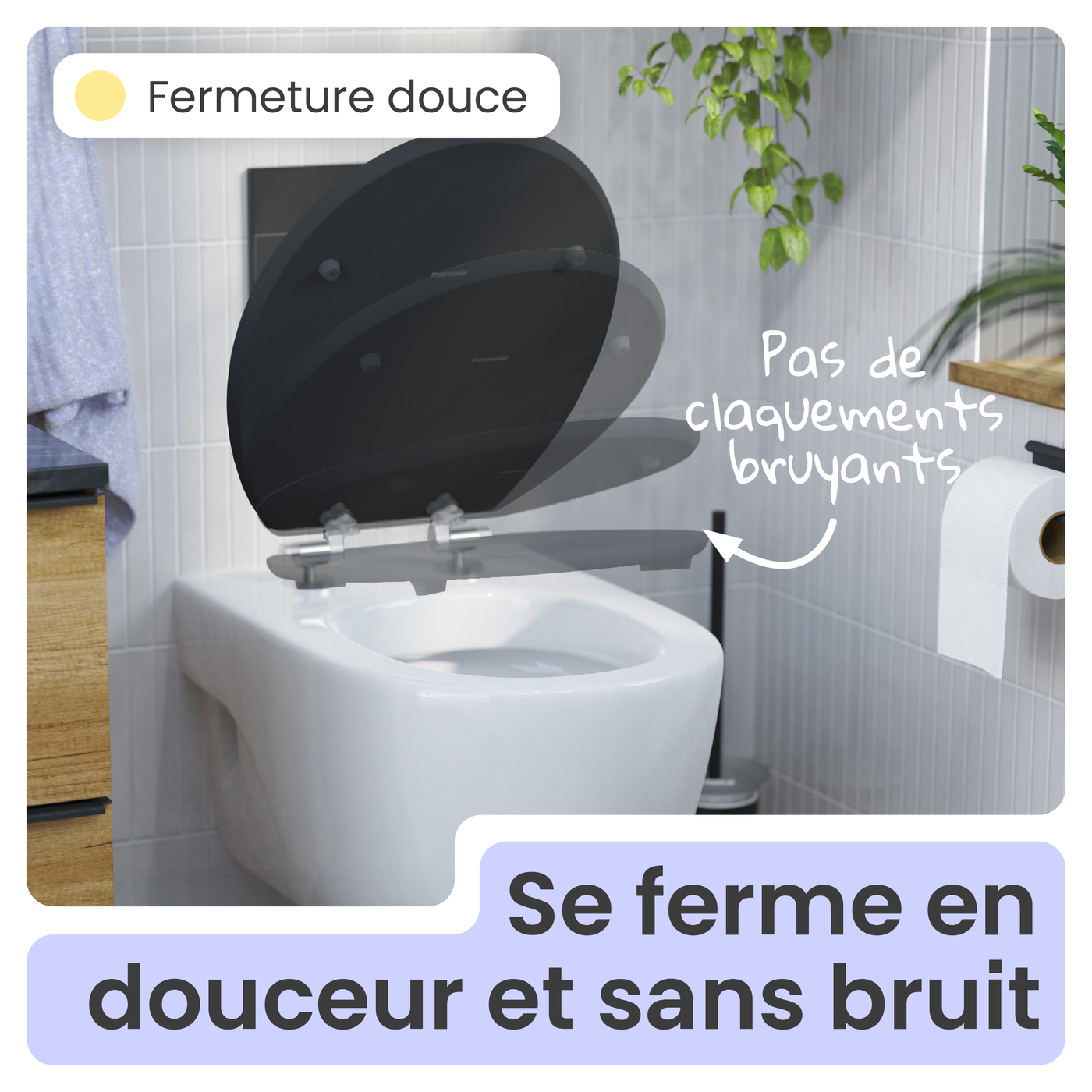 Abattant WC ovale en MDF noir avec frein de chute GAIA