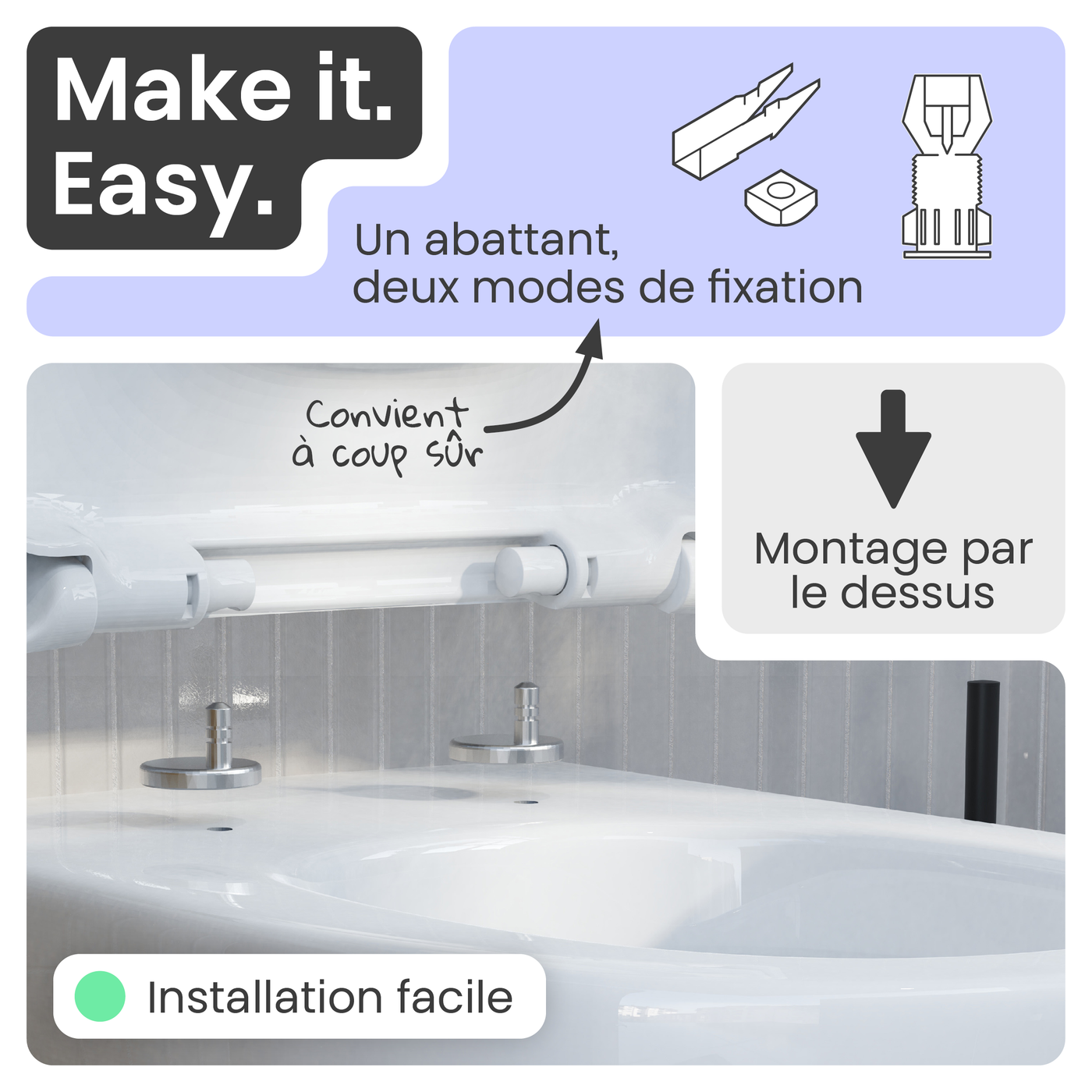 Abattant WC forme en D en duroplast blanc avec frein de chute ALMA