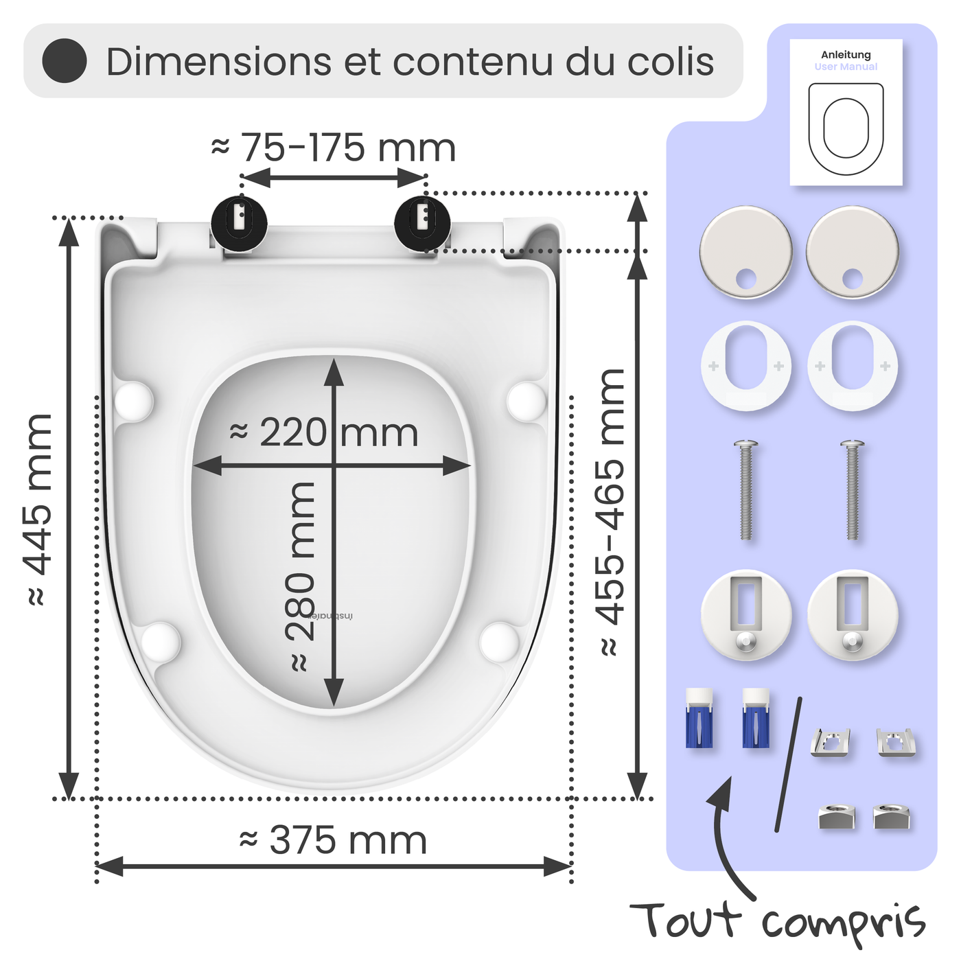 Abattant WC forme en D en duroplast blanc avec frein de chute ALMA