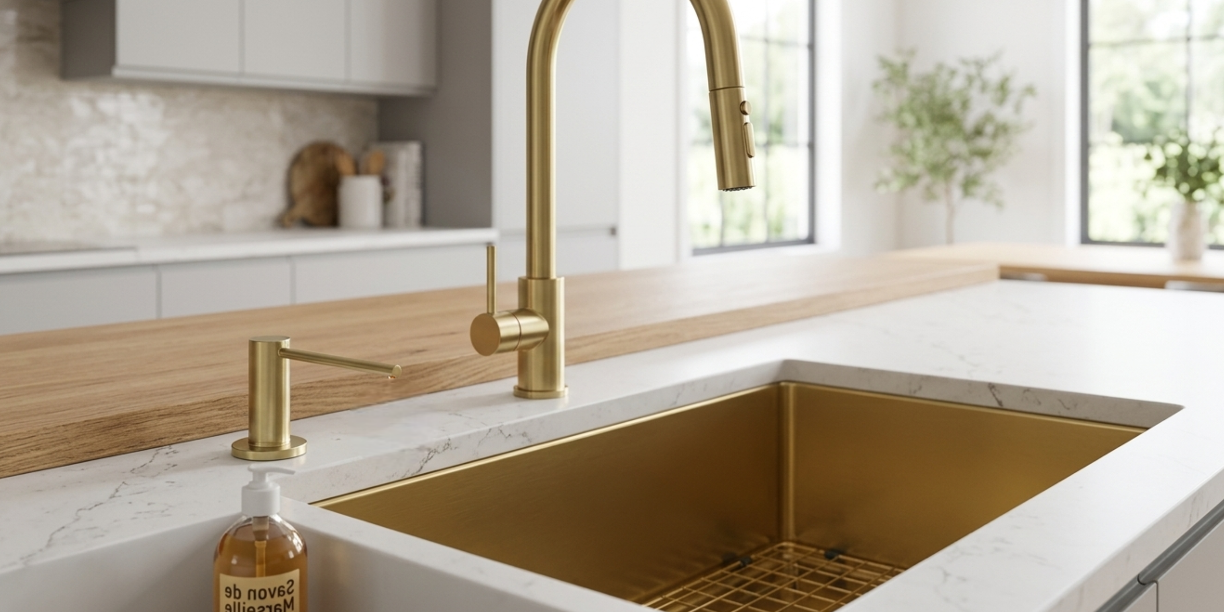 Distributeur savon cuisine encastrable inox doré MAYA, pompe intégrée brillante pour un espace évier moderne et très soigné.