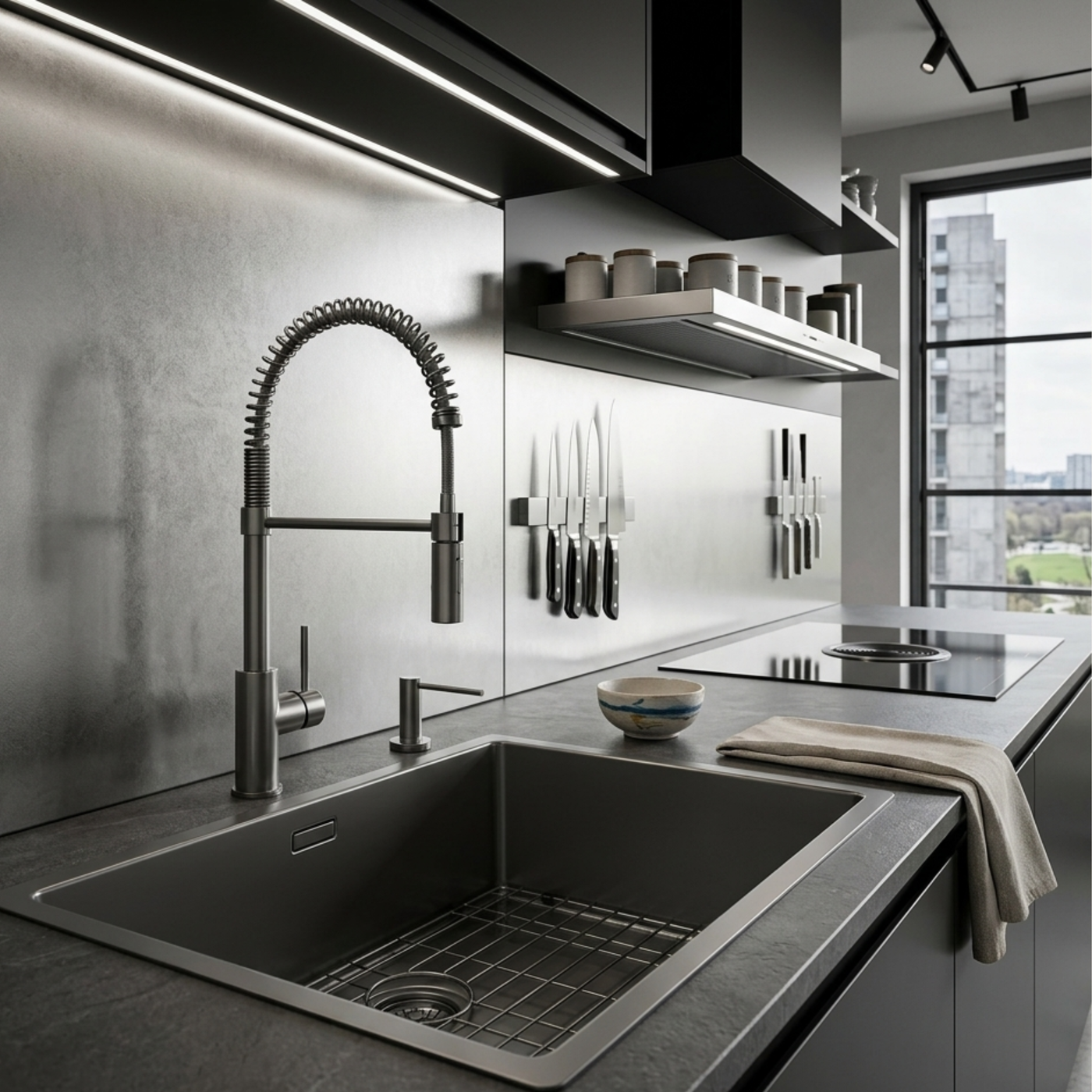 Distributeur savon cuisine encastrable inox noir métallisé MAYA
