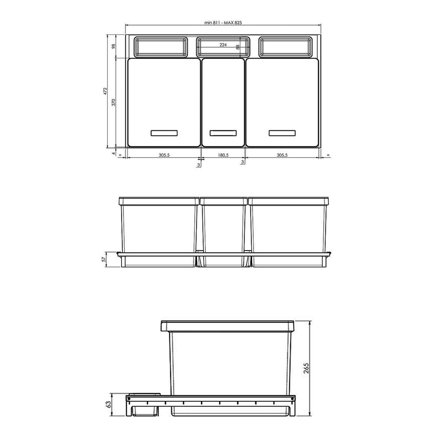Poubelle cuisine CYCLO 66 L - poubelle de tri 1 x 16 et 2 x 25 litres