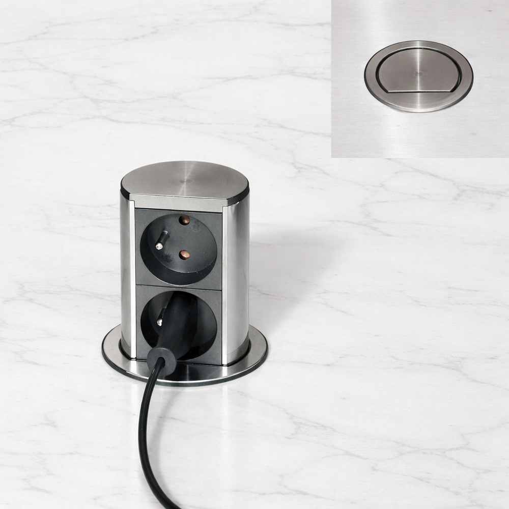 Prise plan de travail SUTTON - Double prise rétractable inox