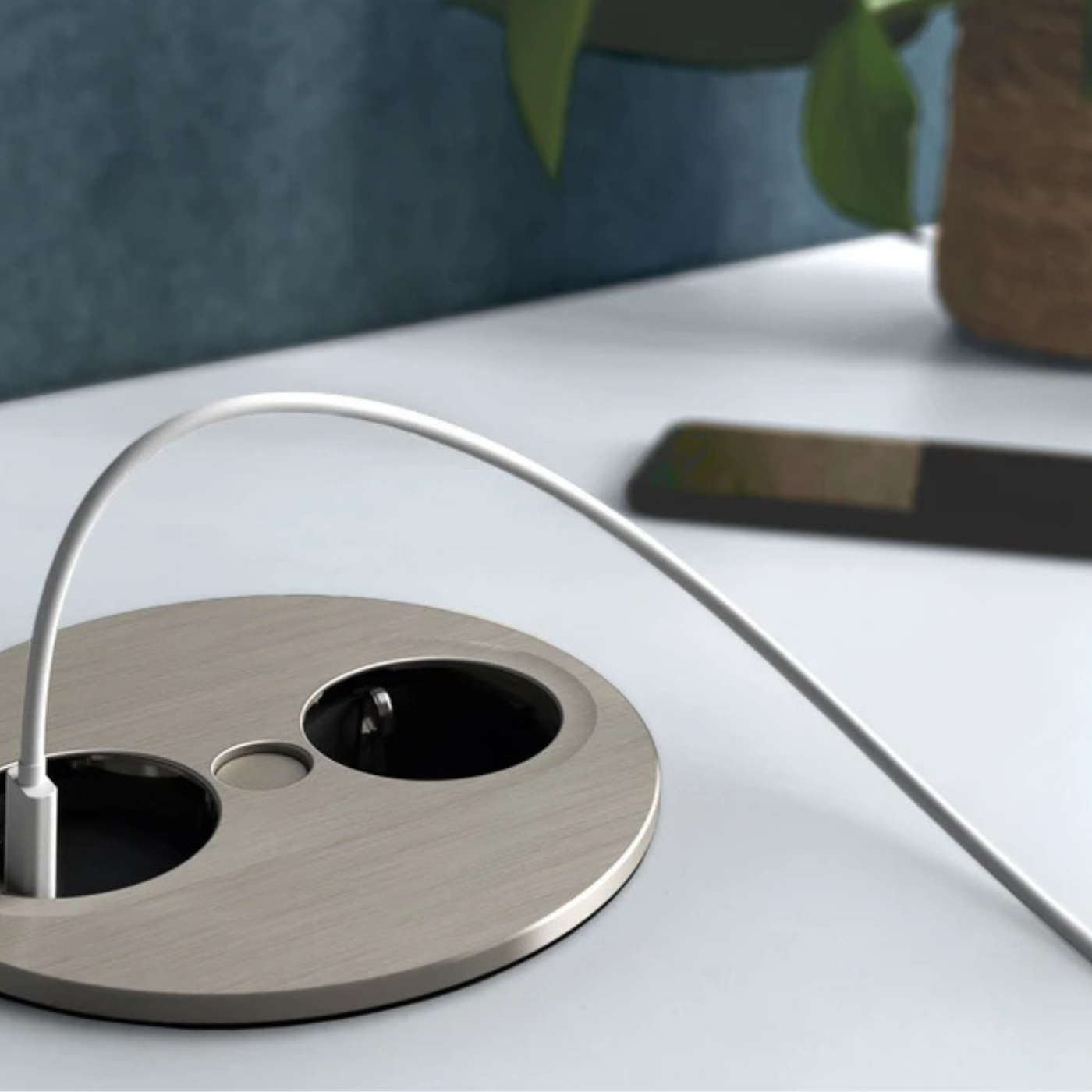Prise plan de travail ECLIPSE à ouverture automatique - 1 prise + 1 USB-A + 1 USB-C à encastrer inox