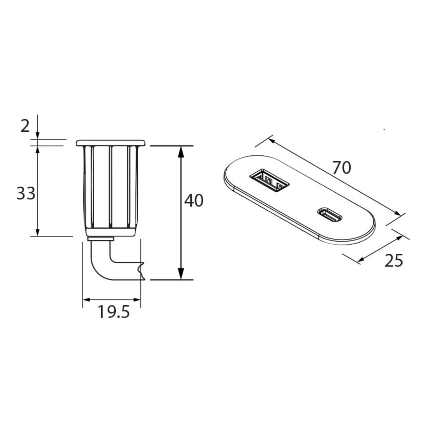 Prise USB murale ARCHEA 1 prise USB C + 1 USB-A - Prise ovale encastrable inox