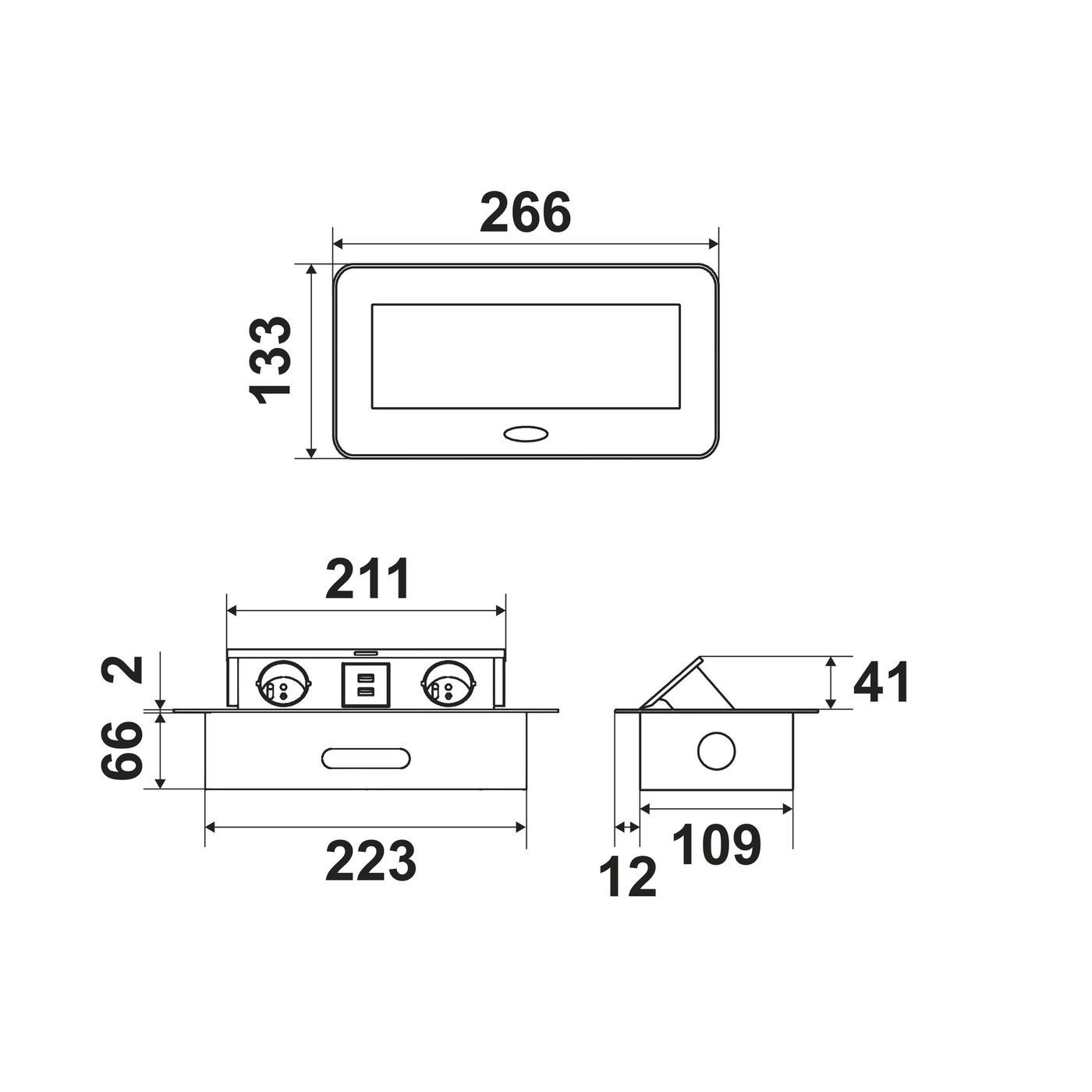 Prise plan de travail NOXEN - Bloc 2 prises + 1 USB-A + 1 USB-C rétractable noir