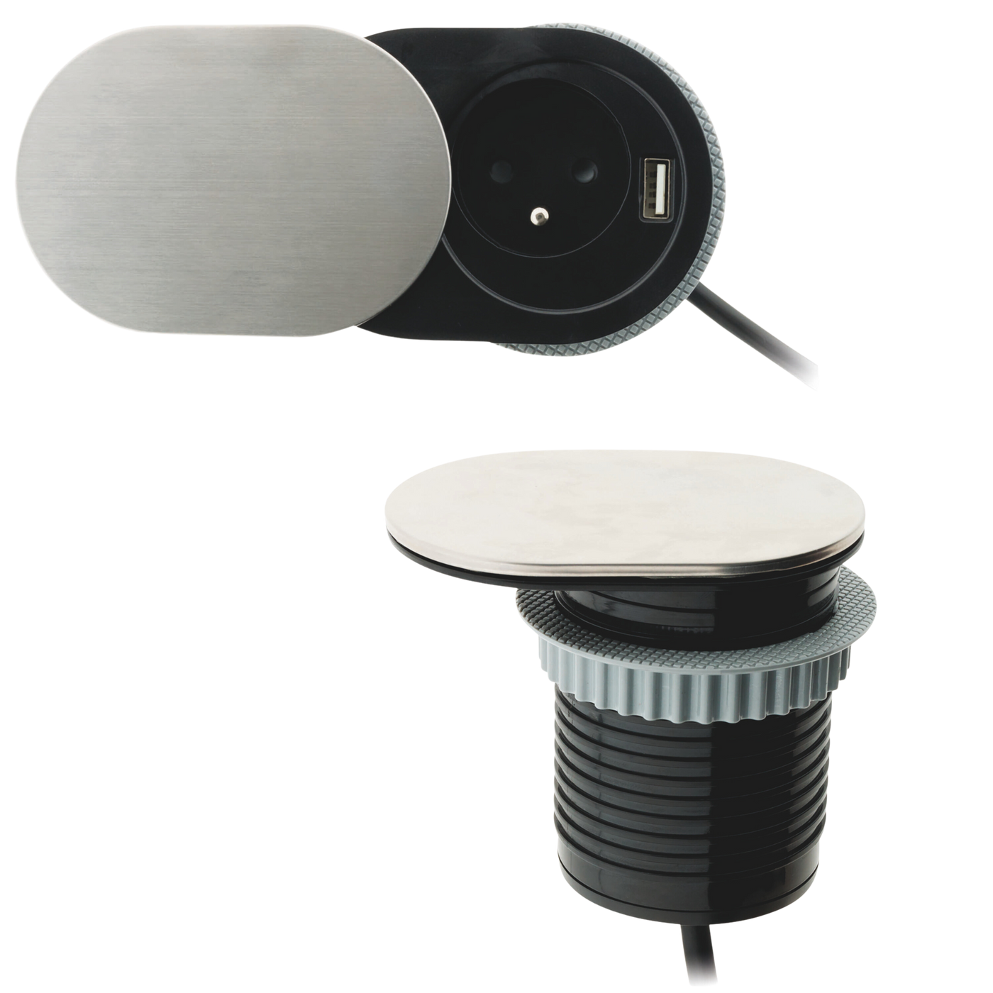 Prise plan de travail GLISS inox - Bloc 1 prise coulissante + 1 USB-A