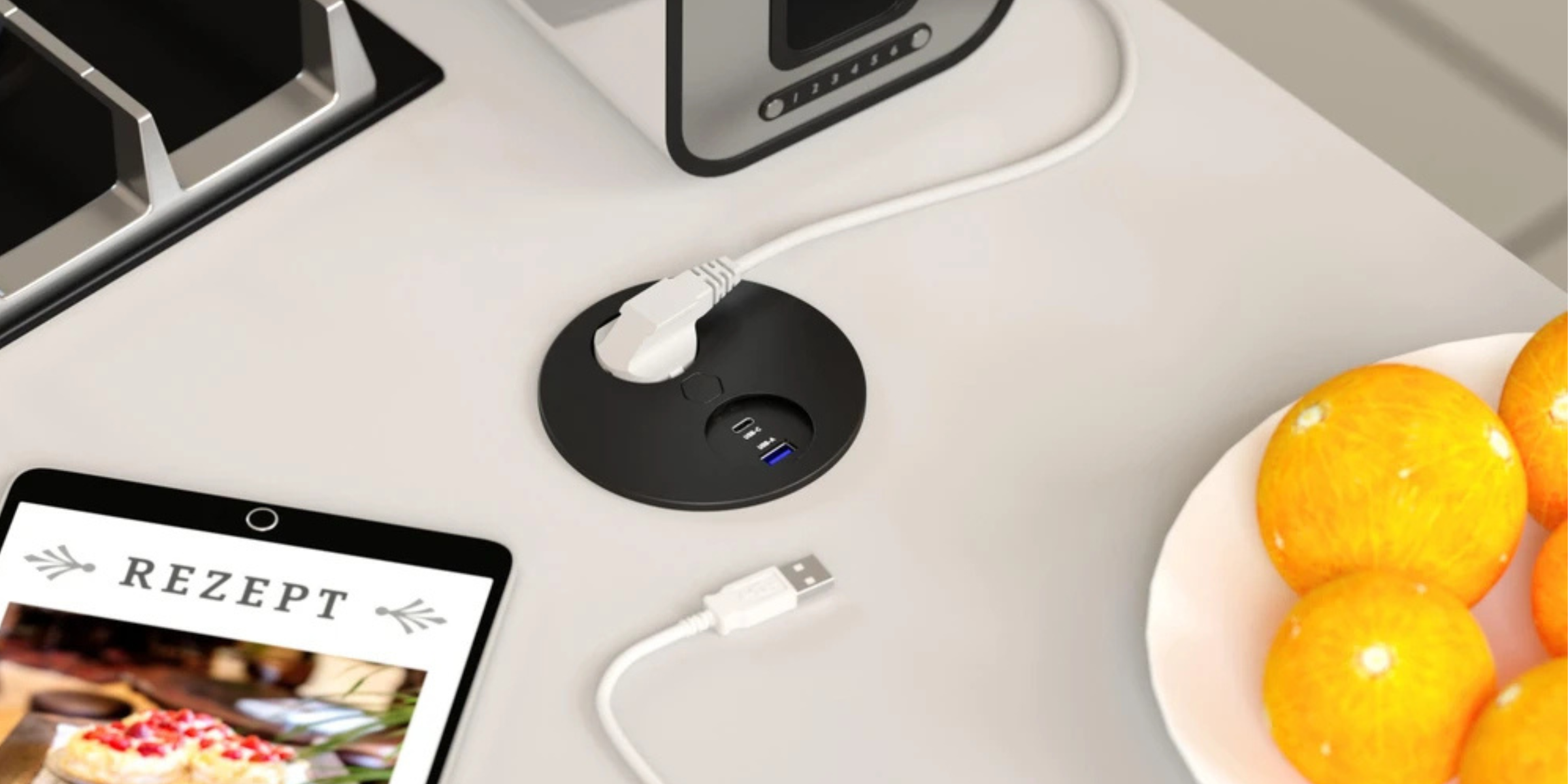 Prise plan de travail ORNO 1 prise + 1 USB-A + 1 USB-C noir mat, accès simplifié à l’électricité et aux ports USB.