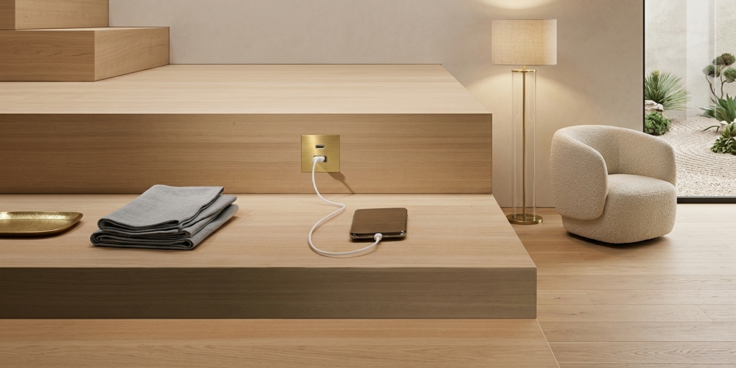 Prise USB murale ARCHEA 1 prise USB C + 1 USB-A - Prise carré encastrable doré, une finition brossée pour une cuisine chic.