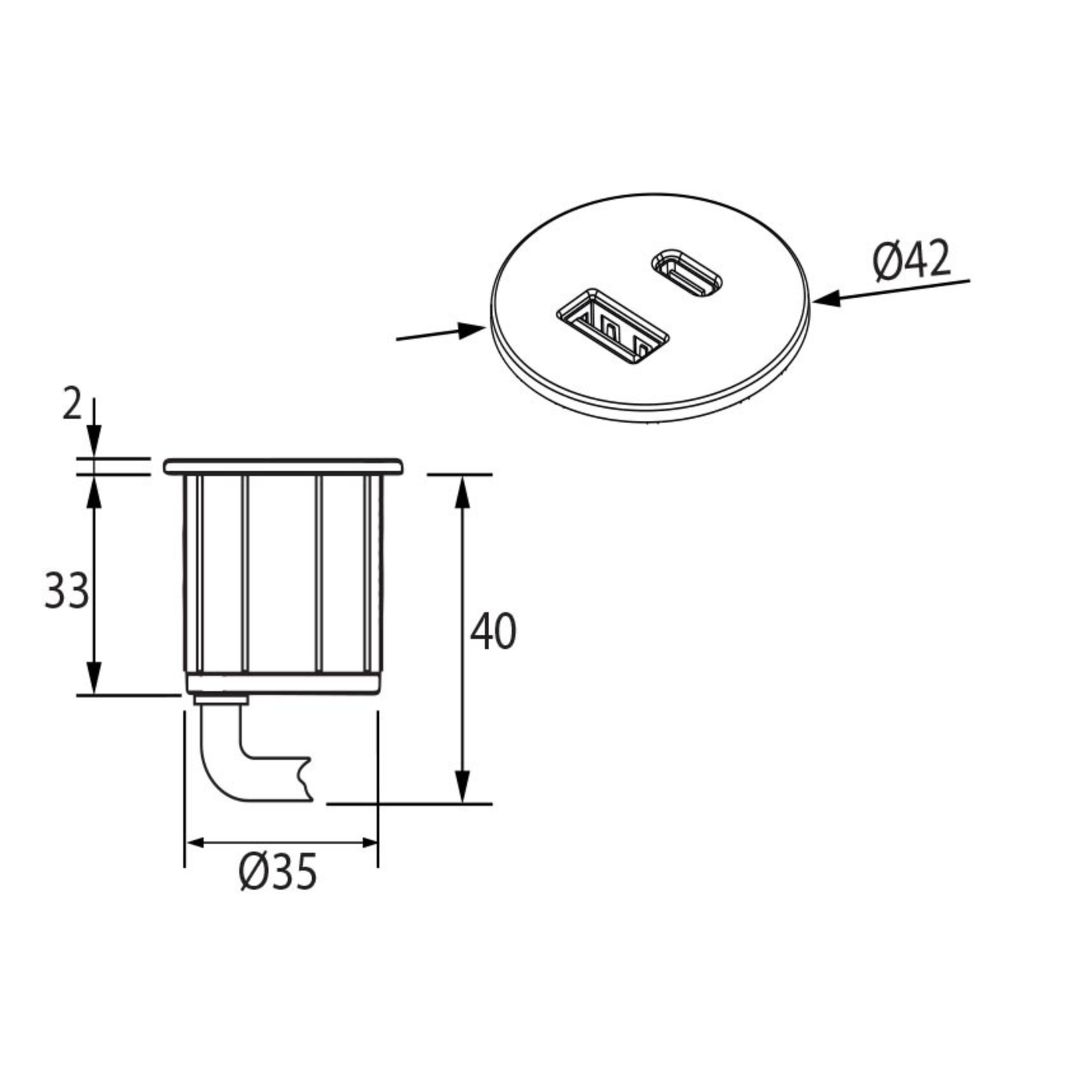 Prise USB murale ARCHEA 1 prise USB C + 1 USB-A - Prise ronde encastrable inox