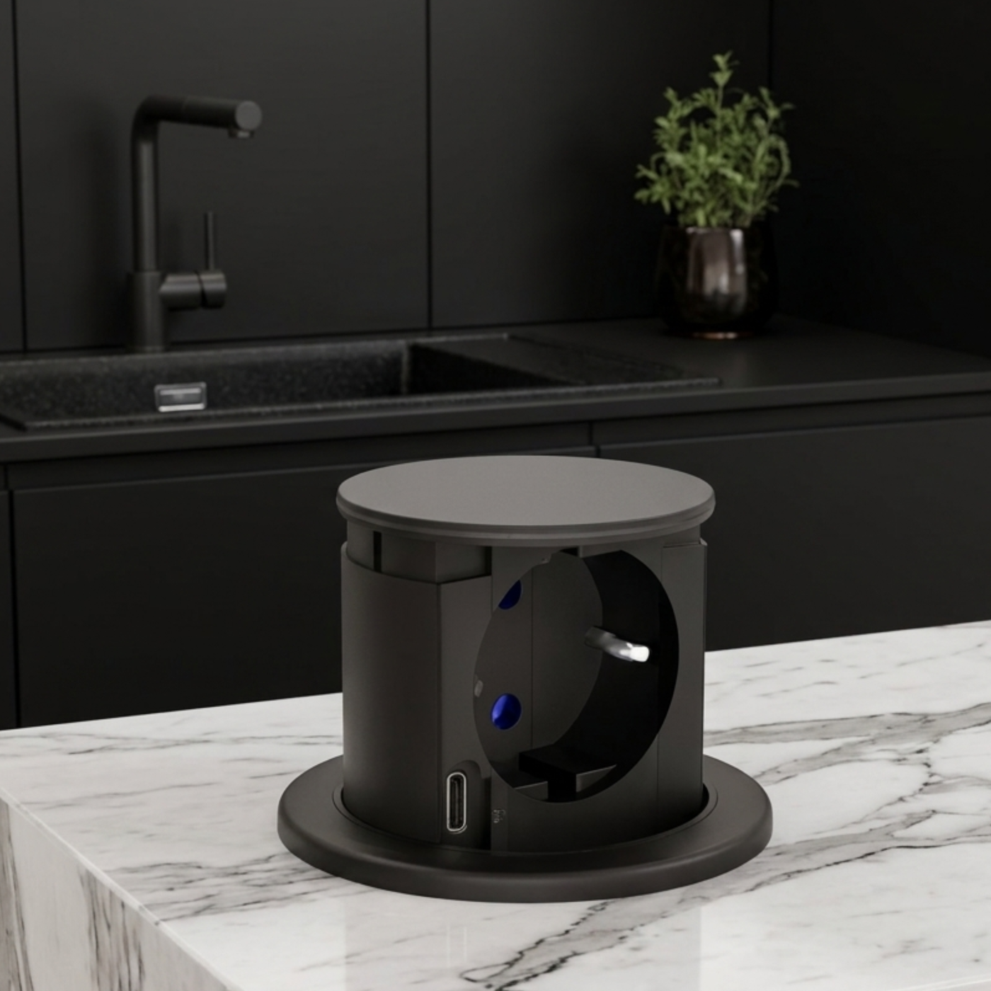 Prise plan de travail NEKO rétractable noir - Bloc 1 prise + 1 USB-C