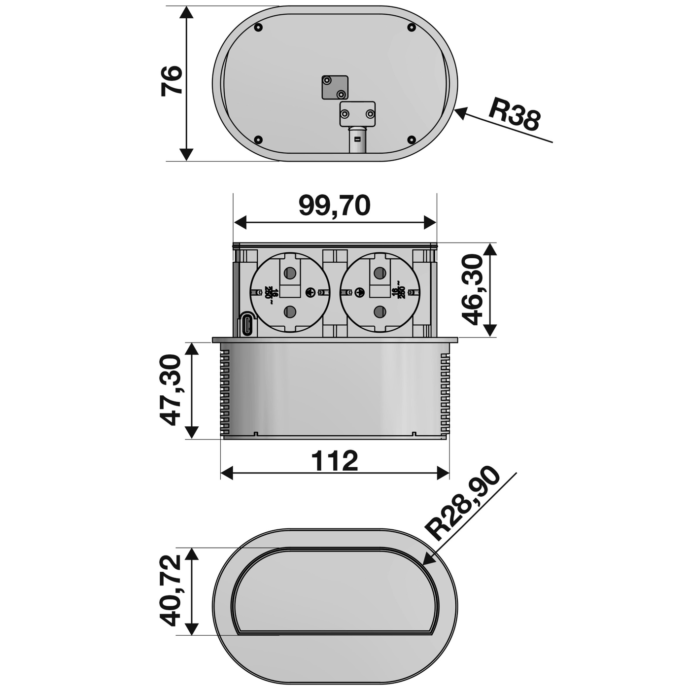 Prise plan de travail PIXEL rétractable doré - Double prise + 1 USB-C