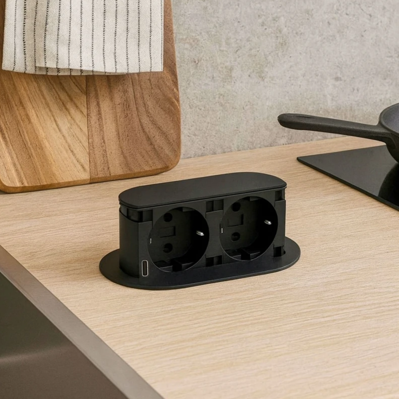 Prise plan de travail PIXEL rétractable noir- Double prise + 1 USB-C