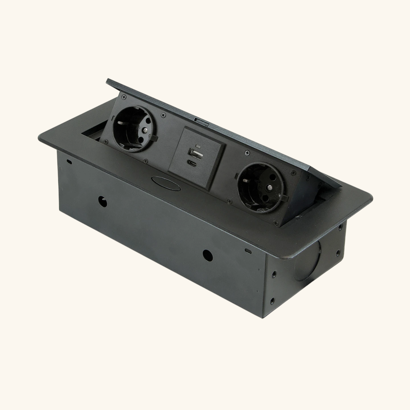 Prise plan de travail BRUME à ouverture automatique - Bloc 2 prises + 1 USB-A + 1 USB-C rétractable noir