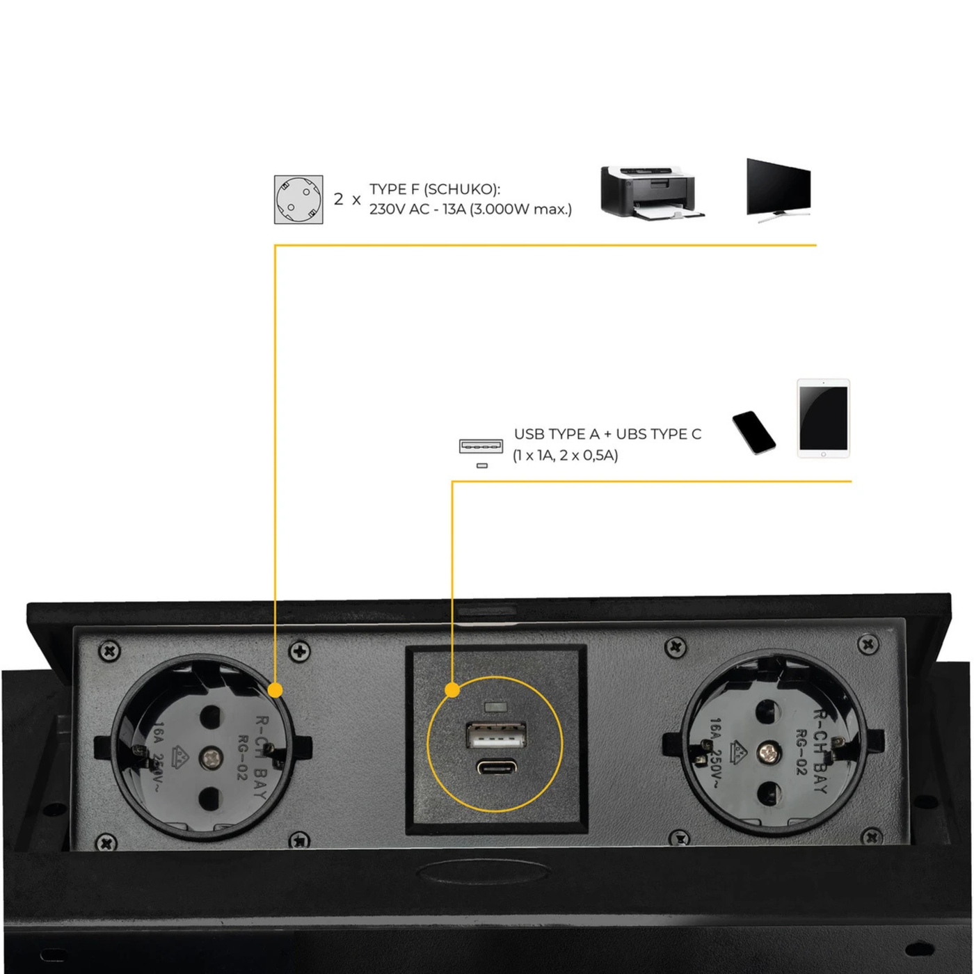 Prise plan de travail BRUME à ouverture automatique - Bloc 2 prises + 1 USB-A + 1 USB-C rétractable gris