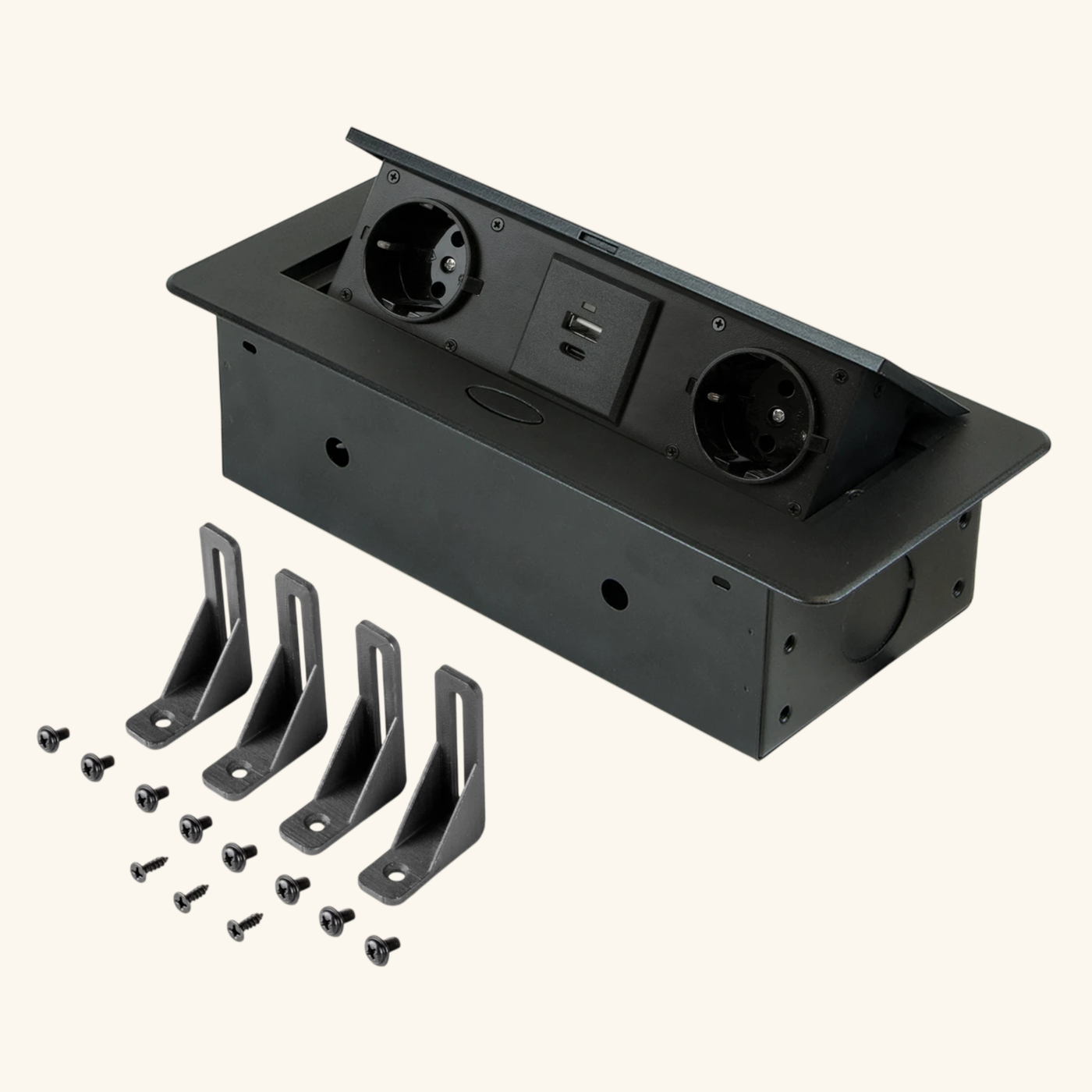 Prise plan de travail BRUME ouverture automatique - Bloc 2 prises + USB-A + USB-C rétractable noir