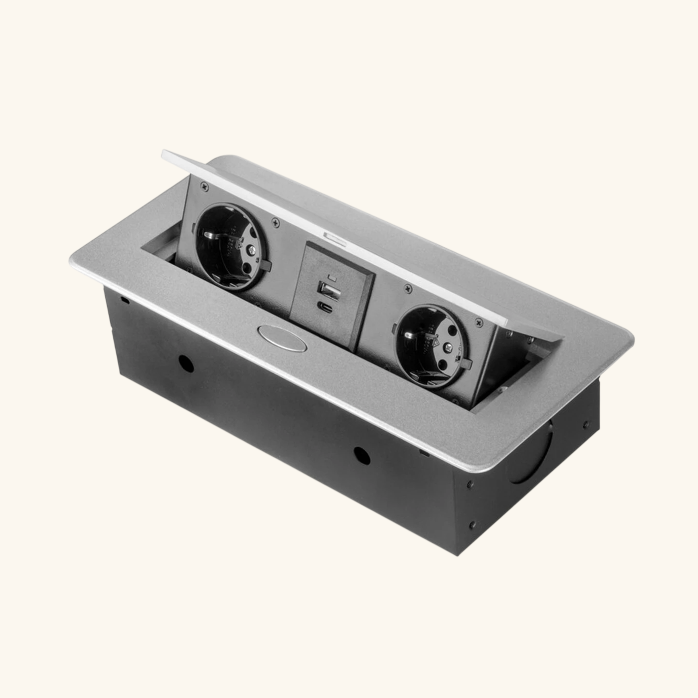 Prise plan de travail BRUME à ouverture automatique - Bloc 2 prises + 1 USB-A + 1 USB-C rétractable gris