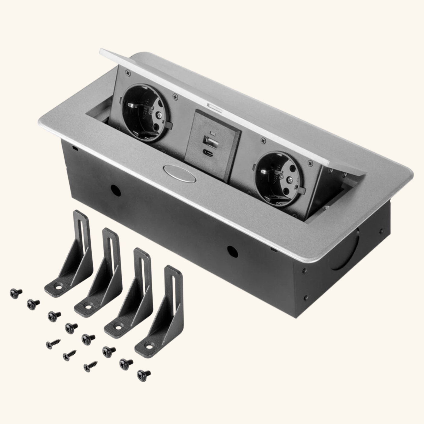 Prise plan de travail BRUME à ouverture automatique - Bloc 2 prises + 1 USB-A + 1 USB-C rétractable gris