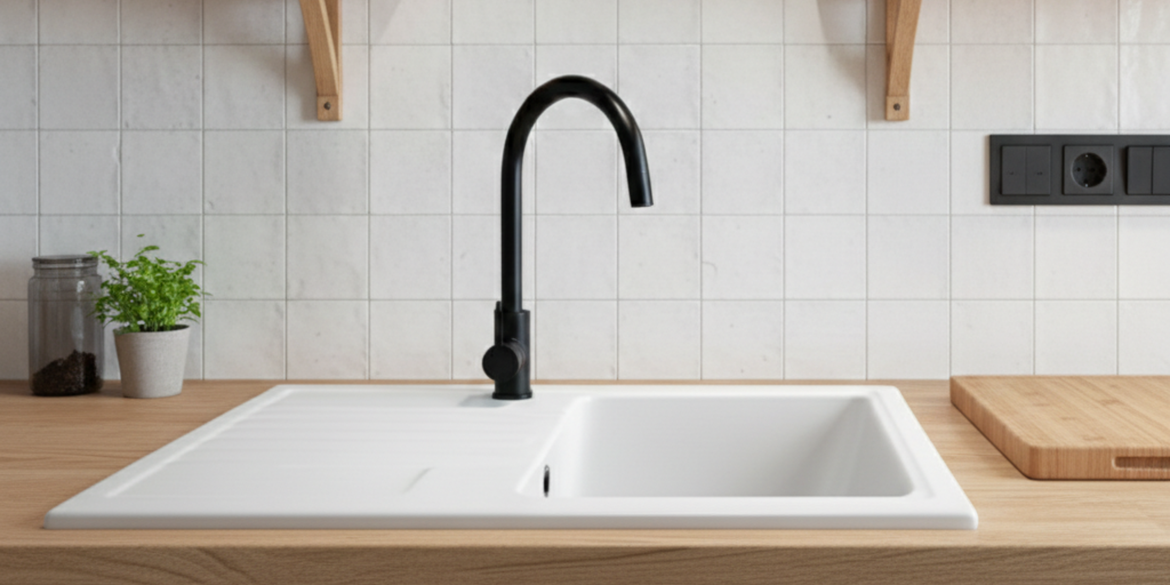 Évier céramique blanc Ewi AGLAE 1 bac, un égouttoir pratique et un design classique pour une cuisine lumineuse et propre.