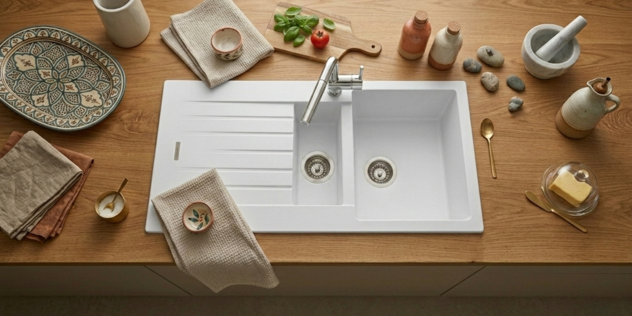 Évier granit blanc ALBEY 1 bac et demi avec égouttoir, surface résistante et lumineuse idéale pour un usage quotidien.